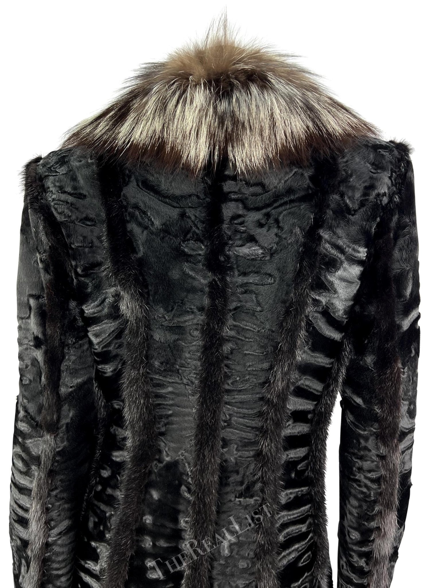 F/W 2001 Gianni Versace by Donatella Black Astrakhan Silver Fox Mink Fur Coat - RealList