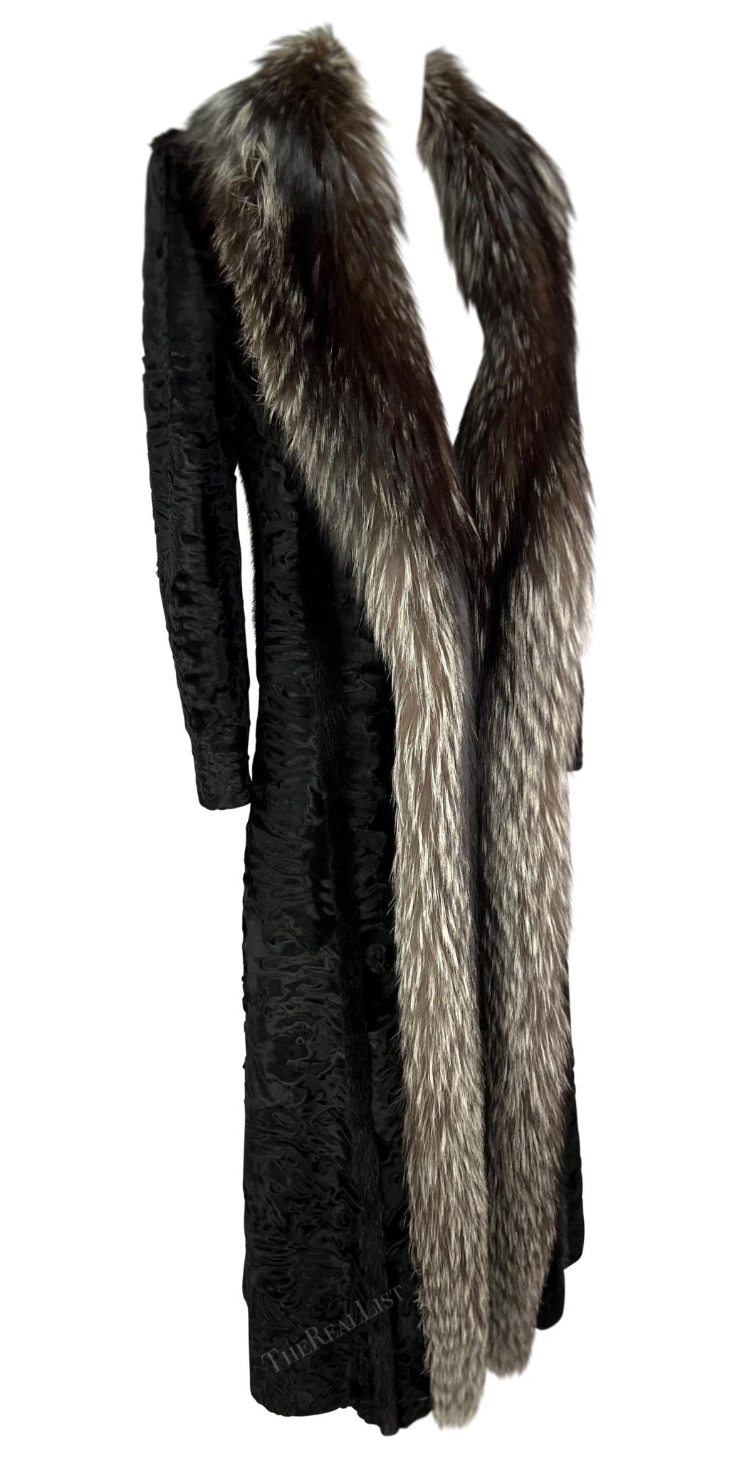 F/W 2001 Gianni Versace by Donatella Black Astrakhan Silver Fox Mink Fur Coat - RealList
