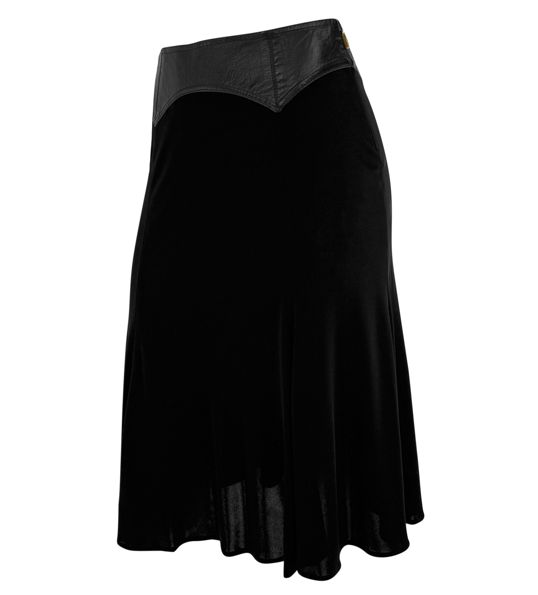 F/W 2001 Gianni Versace by Donatella Black Leather Trim Flared Midi Skirt - RealList