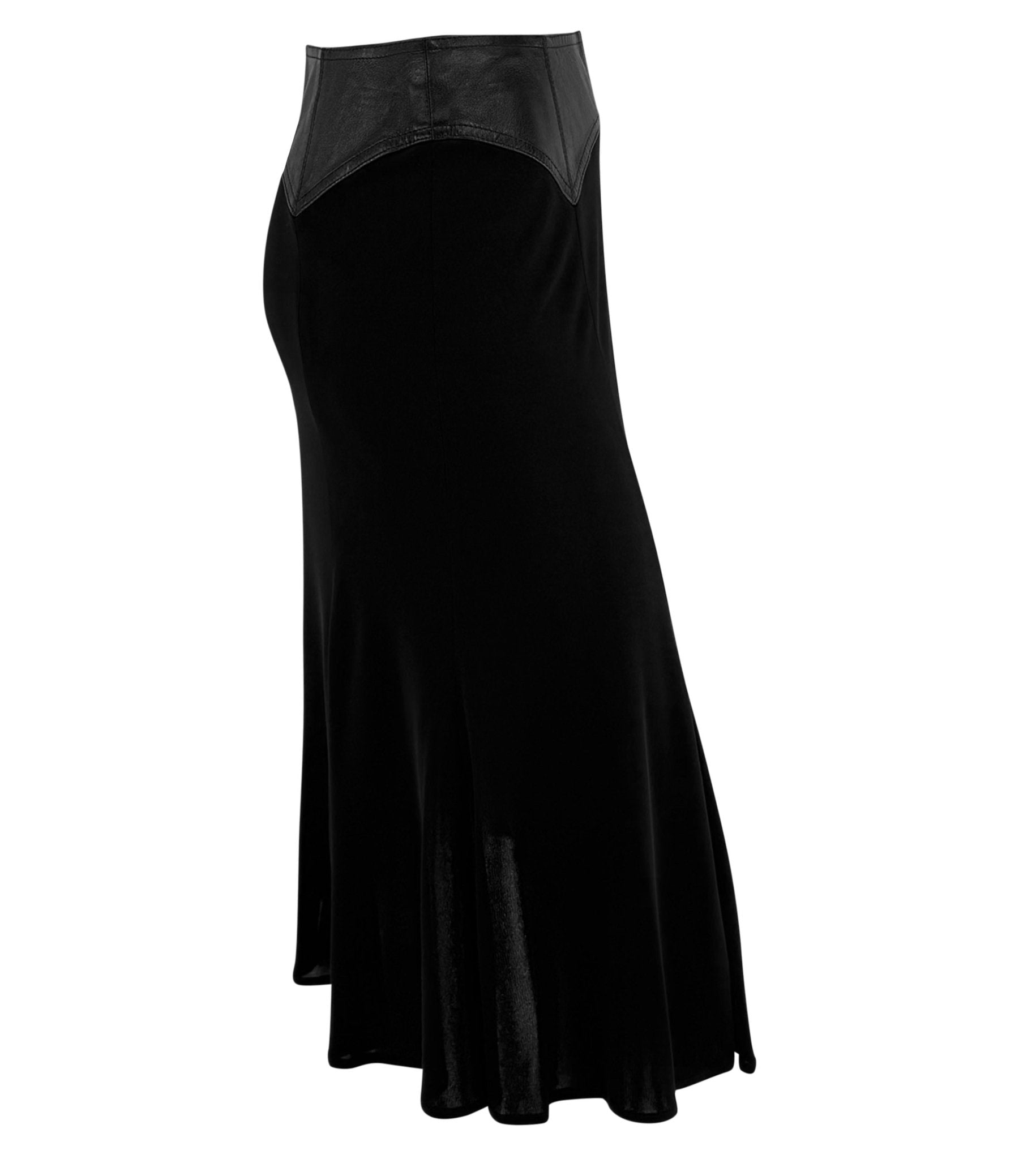 F/W 2001 Gianni Versace by Donatella Black Leather Trim Flared Midi Skirt - RealList
