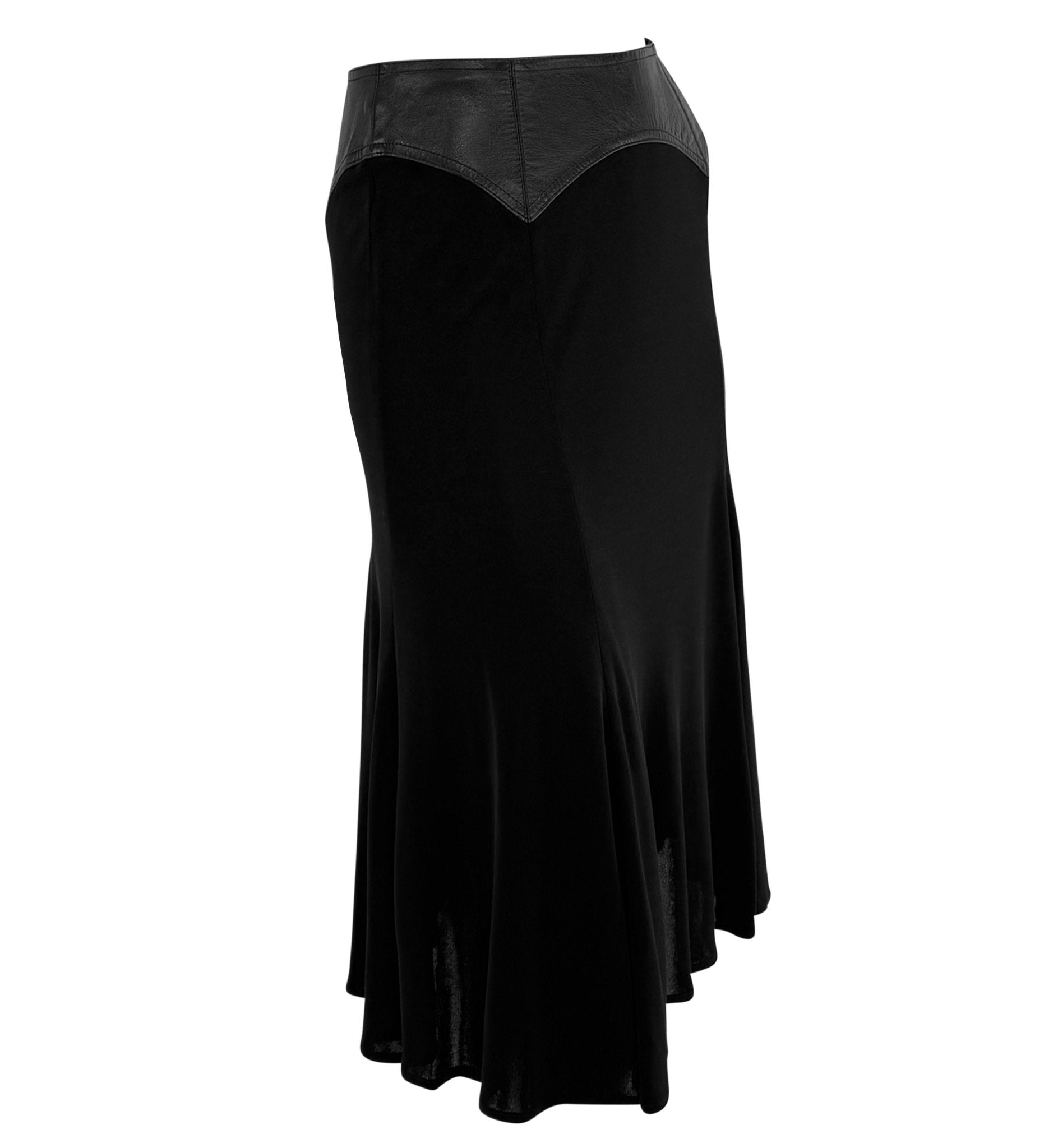 F/W 2001 Gianni Versace by Donatella Black Leather Trim Flared Midi Skirt - RealList
