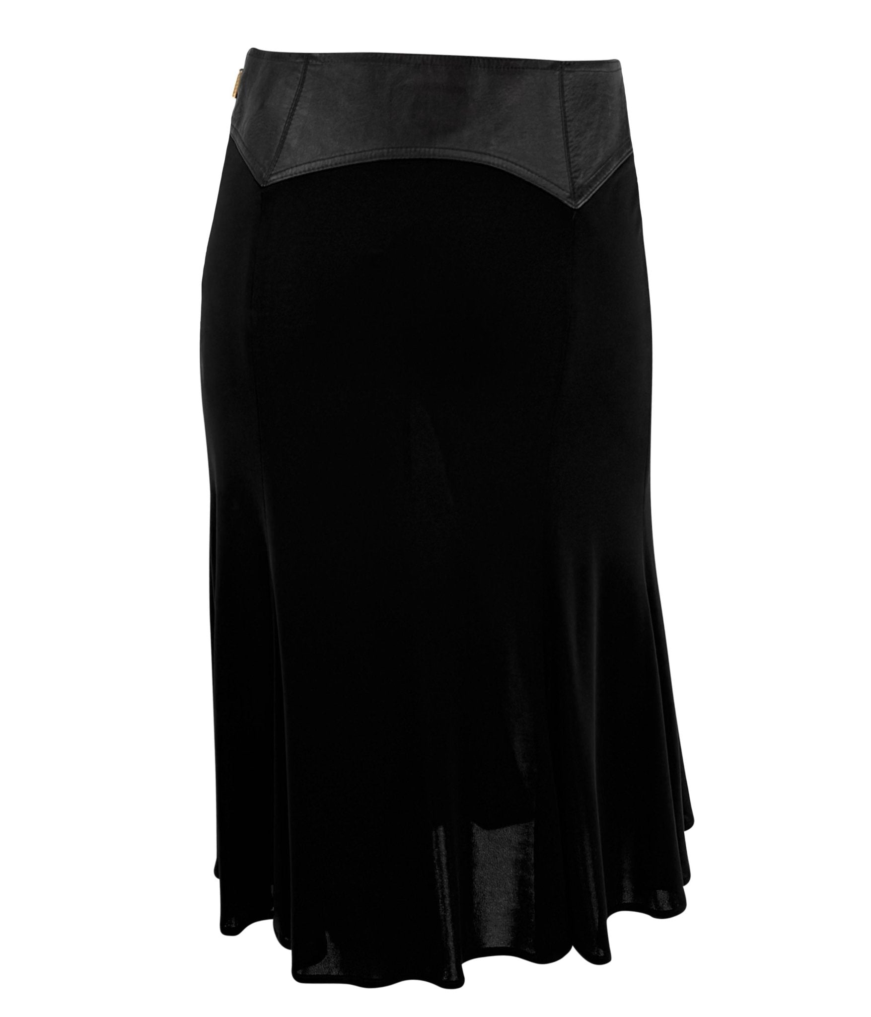 F/W 2001 Gianni Versace by Donatella Black Leather Trim Flared Midi Skirt - RealList