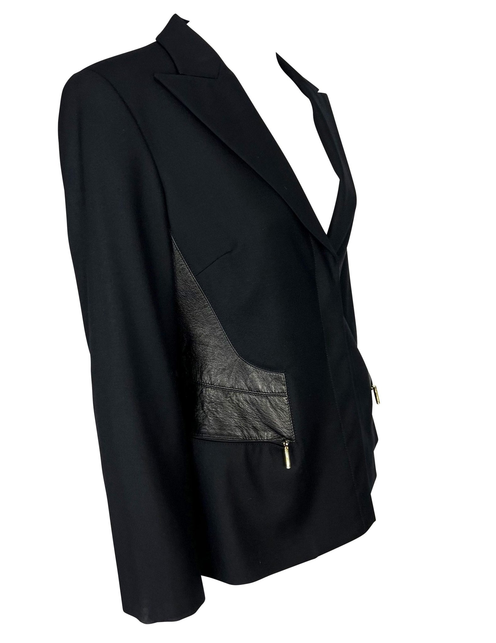 F/W 2001 Gianni Versace by Donatella Black Wool Leather Panel Blazer Jacket - RealList