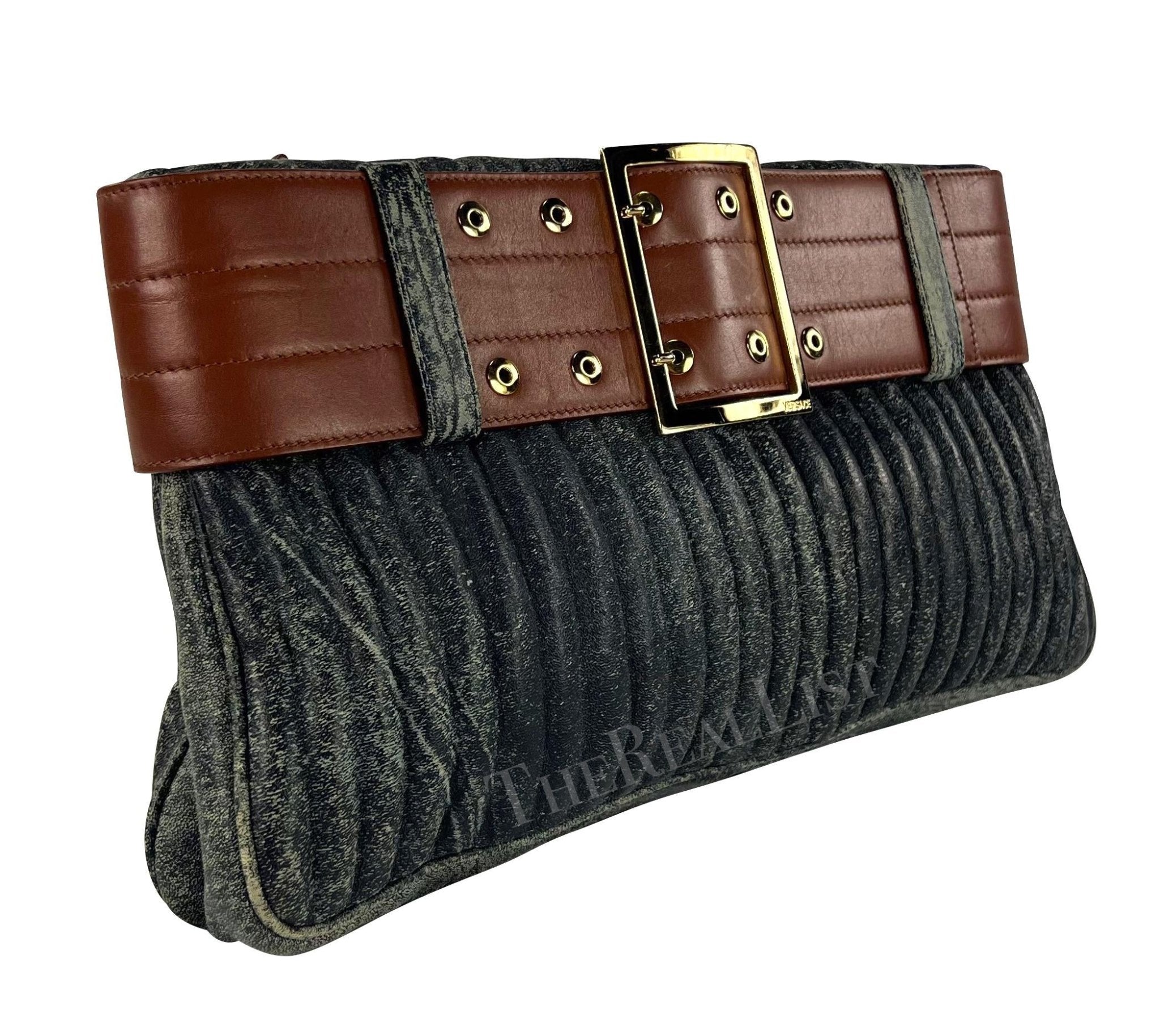 F/W 2001 Gianni Versace by Donatella Blue Distressed Leather Belted Clutch - RealList