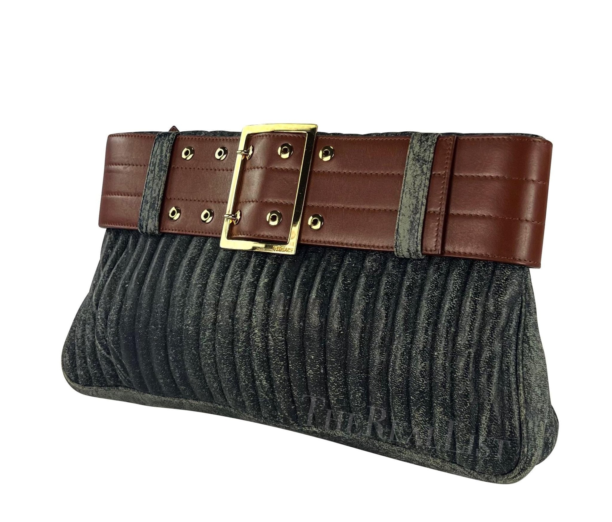 F/W 2001 Gianni Versace by Donatella Blue Distressed Leather Belted Clutch - RealList