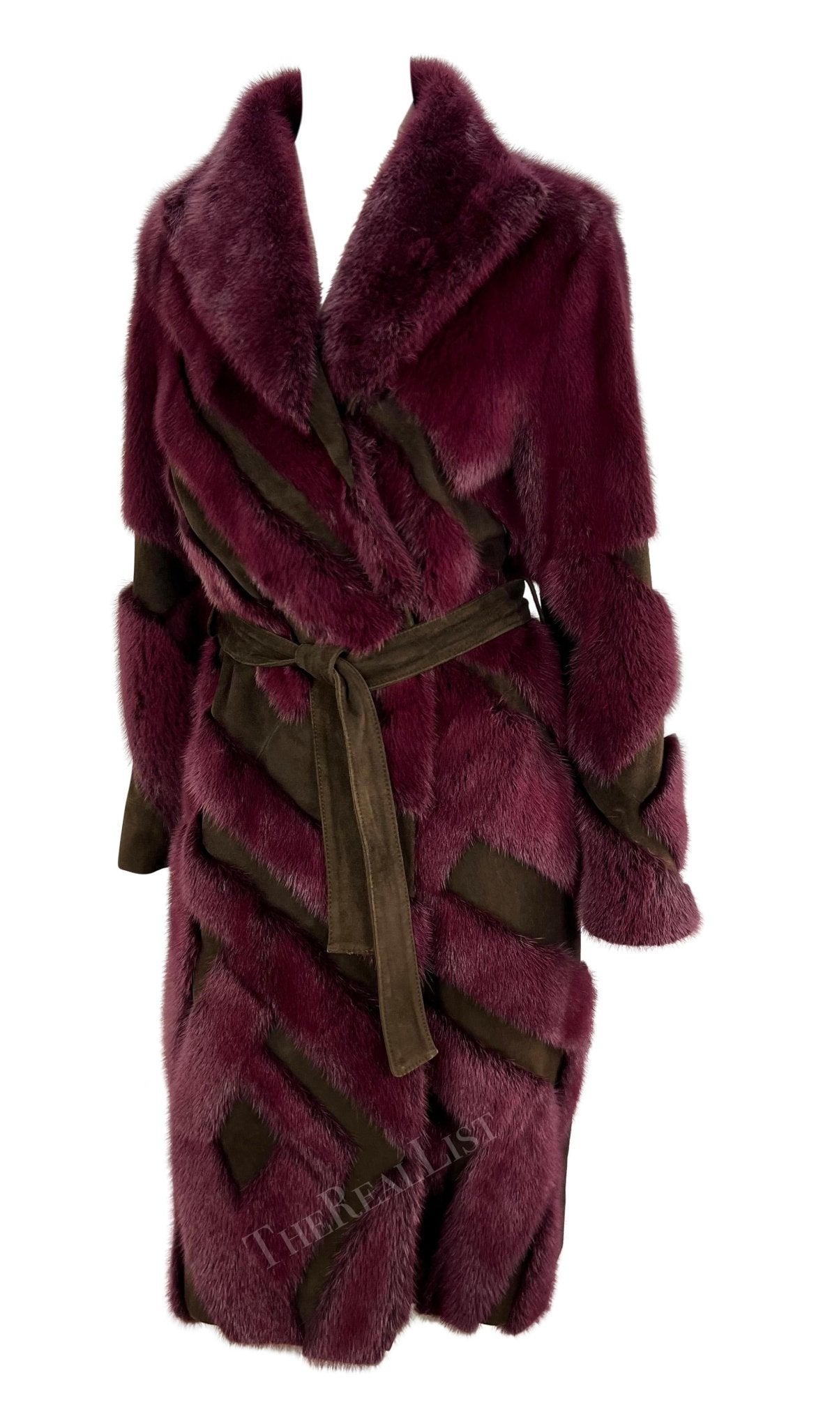 F/W 2001 Gianni Versace by Donatella Purple Mink Fur Brown Suede Trench Coat - RealList