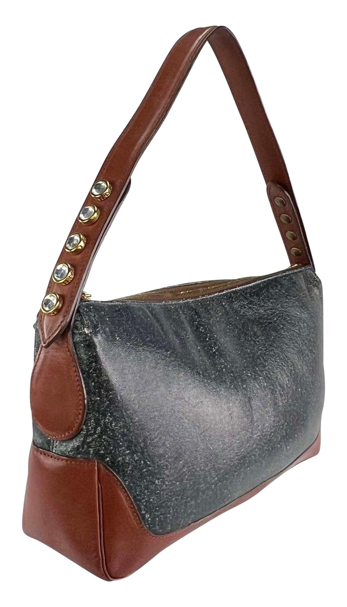 F/W 2001 Gianni Versace by Donatella Rhinestone Blue Distressed Shoulder Bag - RealList