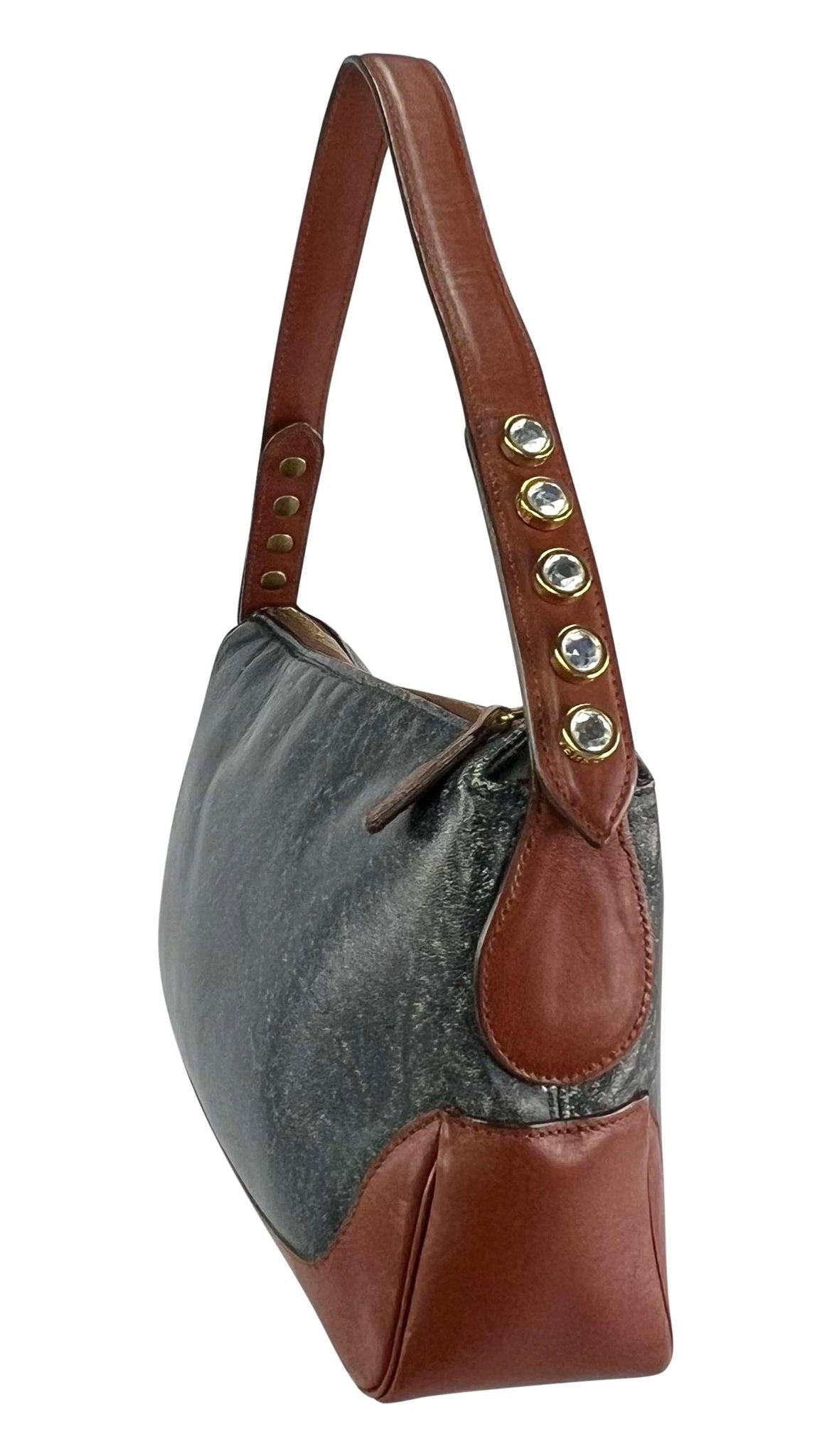 F/W 2001 Gianni Versace by Donatella Rhinestone Blue Distressed Shoulder Bag - RealList