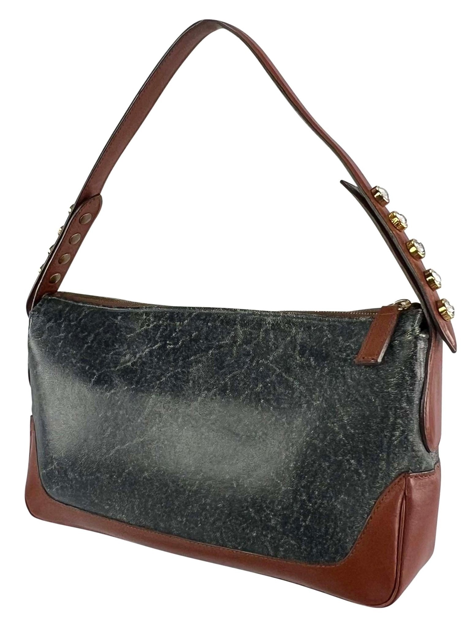 F/W 2001 Gianni Versace by Donatella Rhinestone Blue Distressed Shoulder Bag - RealList