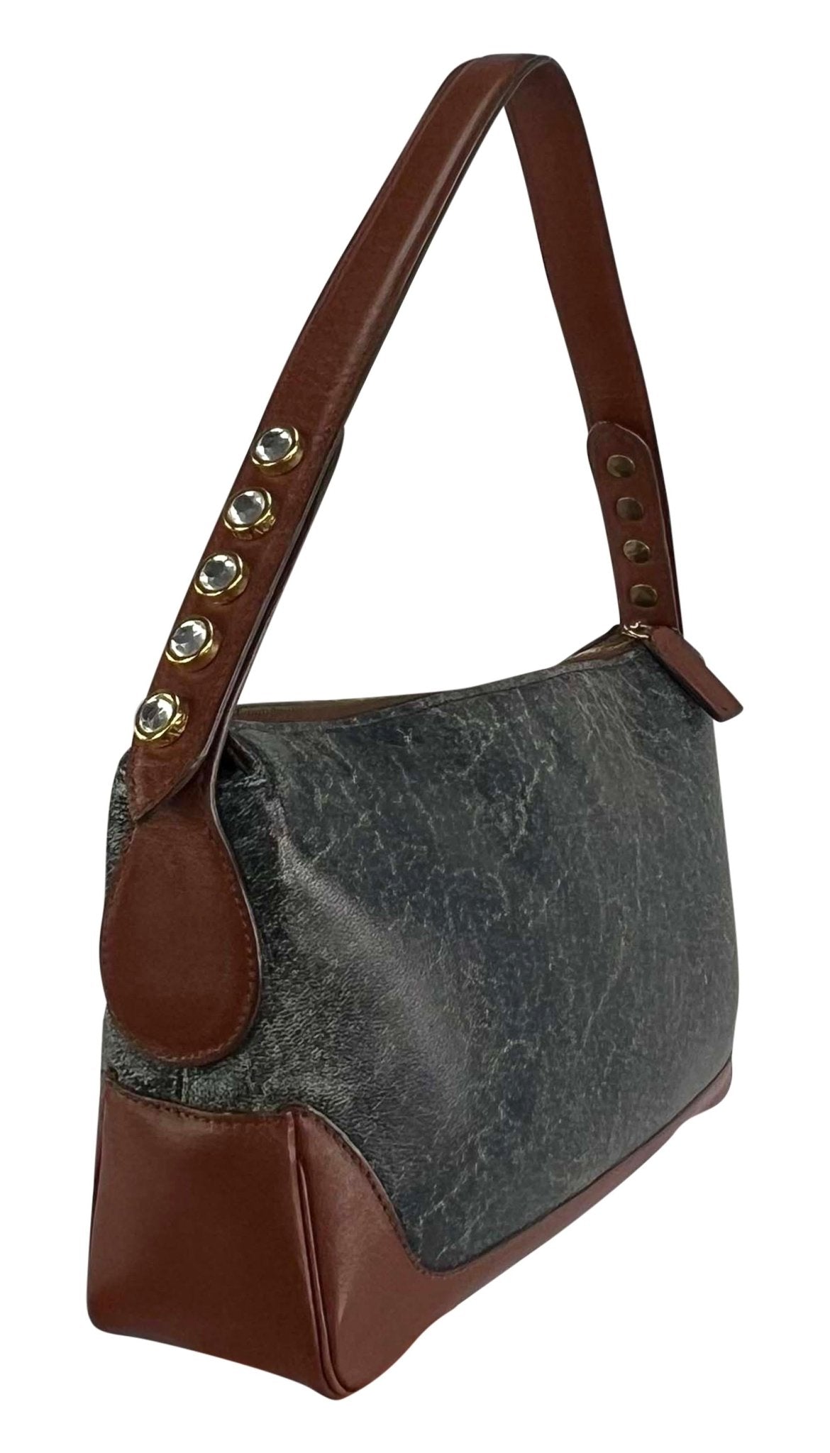 F/W 2001 Gianni Versace by Donatella Rhinestone Blue Distressed Shoulder Bag - RealList