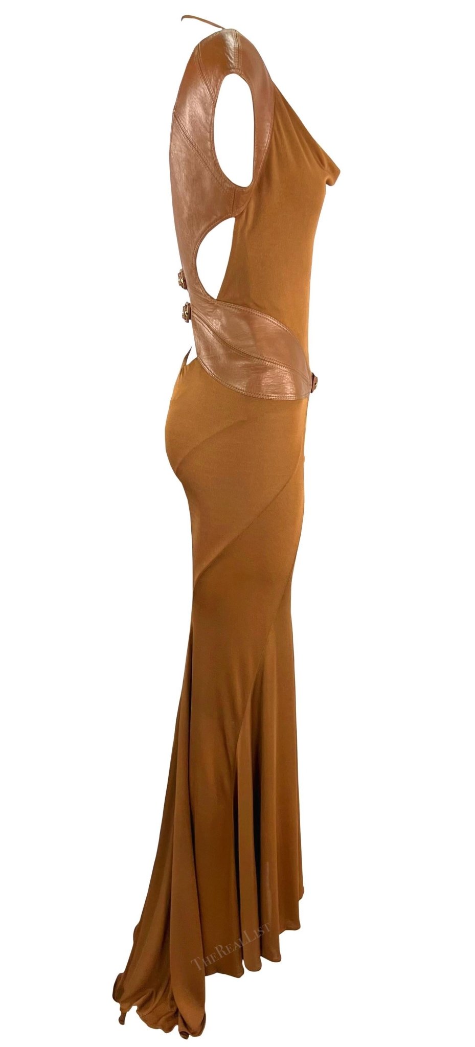 F/W 2001 Gianni Versace by Donatella Runway Saddle Brown Leather Backless Gown - RealList