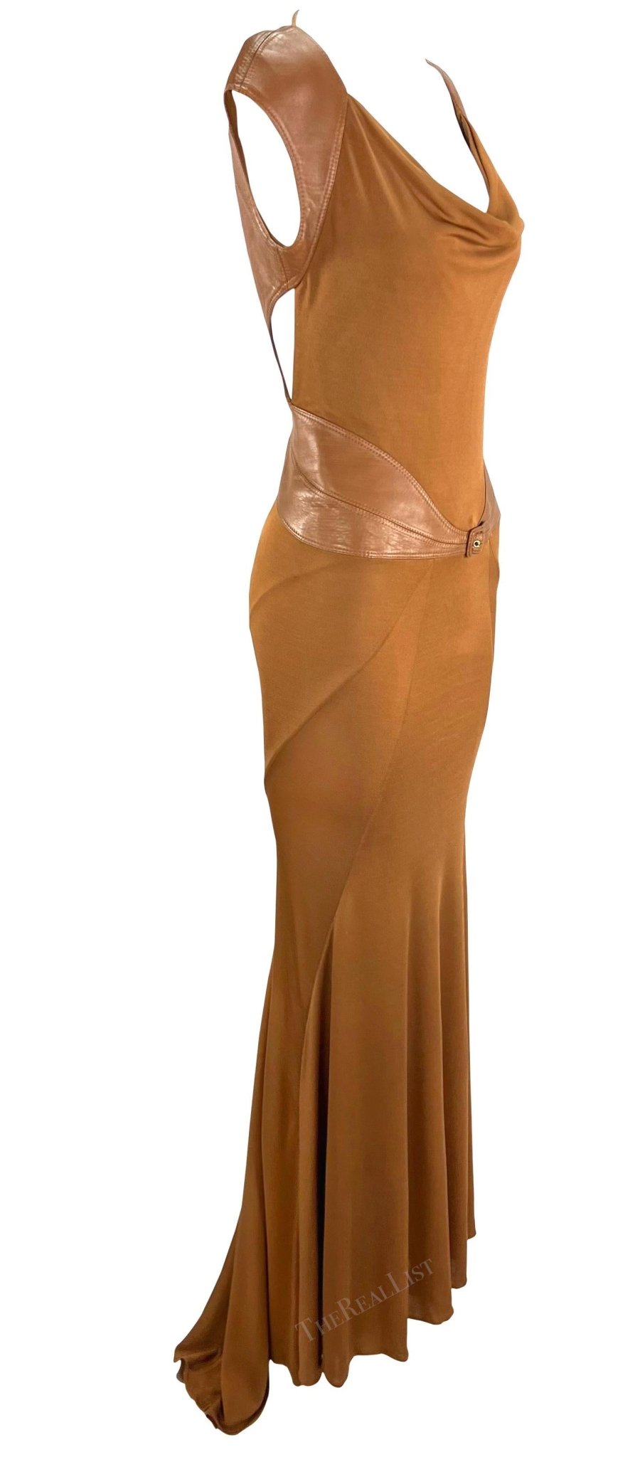 F/W 2001 Gianni Versace by Donatella Runway Saddle Brown Leather Backless Gown - RealList