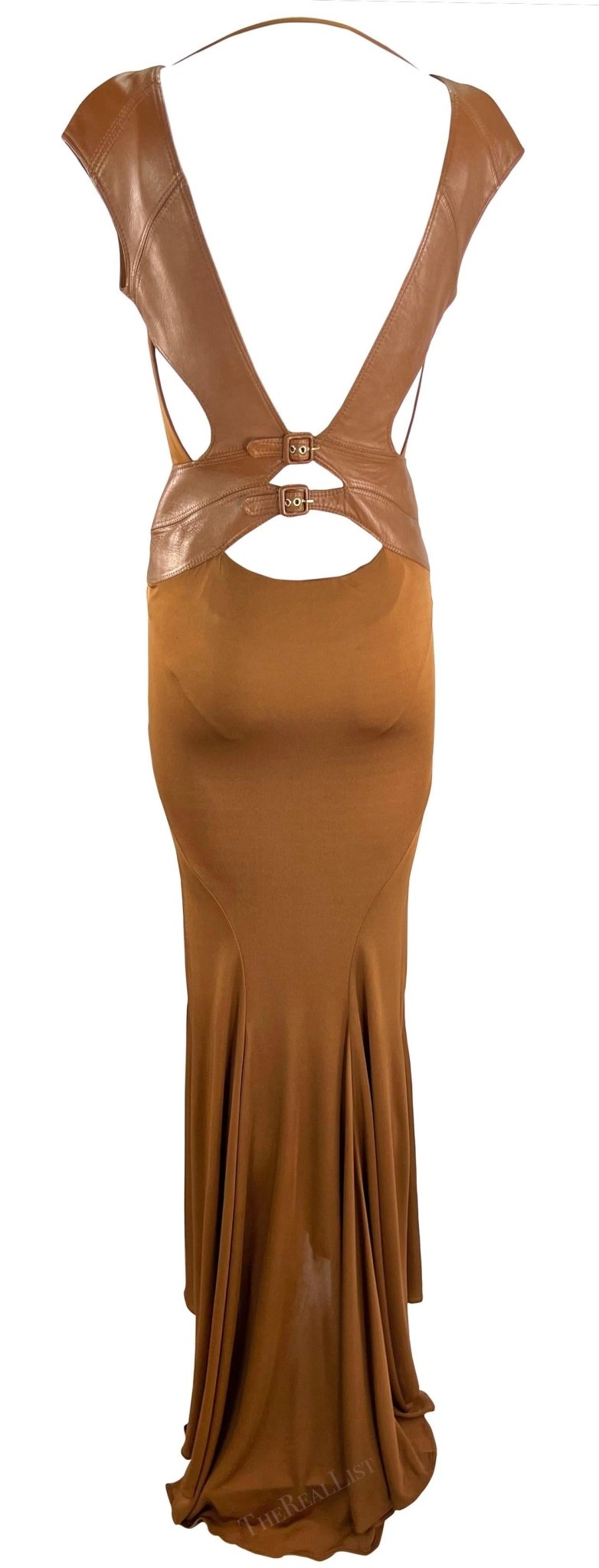 F/W 2001 Gianni Versace by Donatella Runway Saddle Brown Leather Backless Gown - RealList