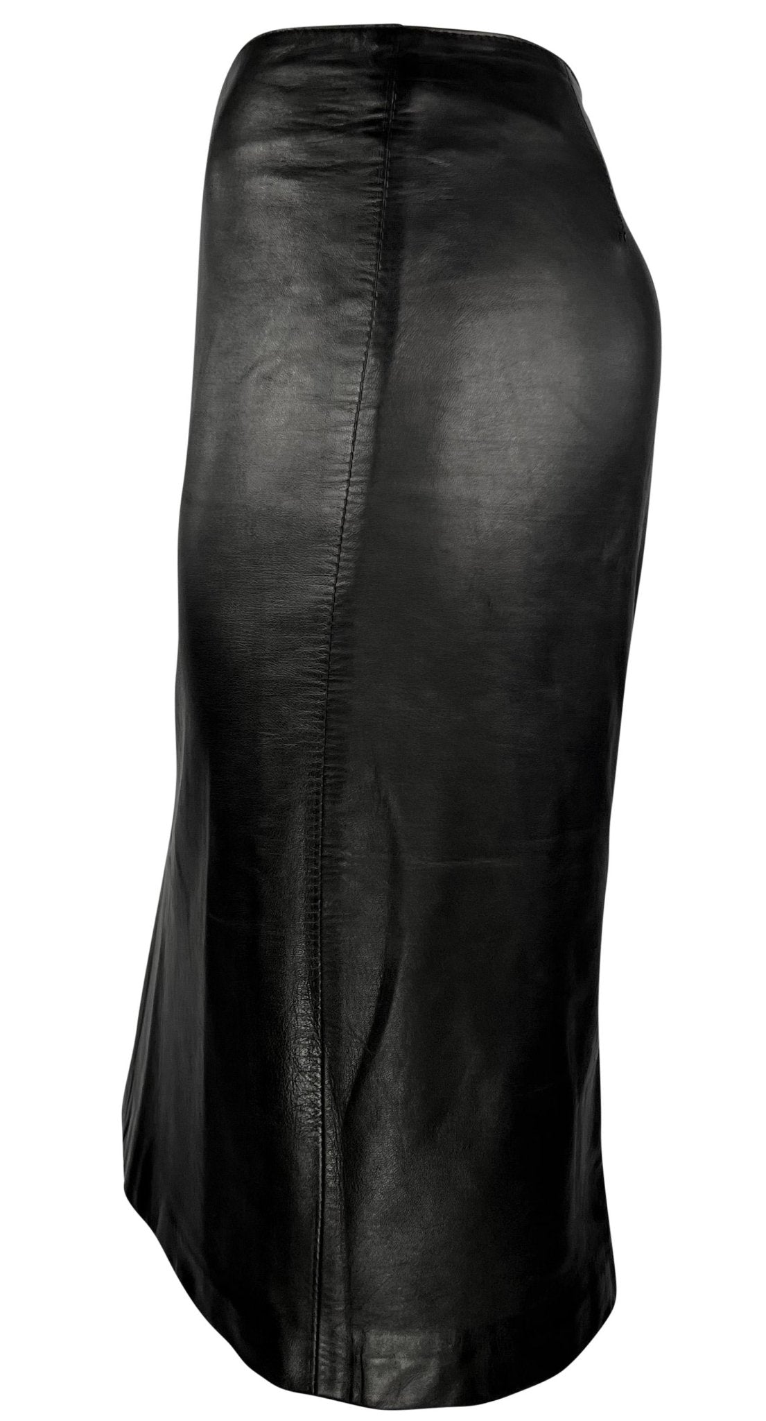 F/W 2001 Gucci by Tom Ford Black Leather Logo Zip Adjustable Pencil Skirt - RealList