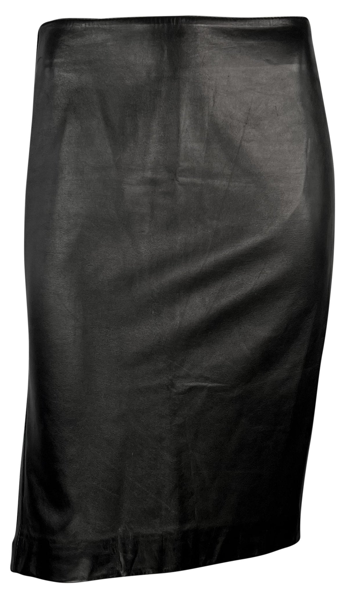 F/W 2001 Gucci by Tom Ford Black Leather Logo Zip Adjustable Pencil Skirt - RealList