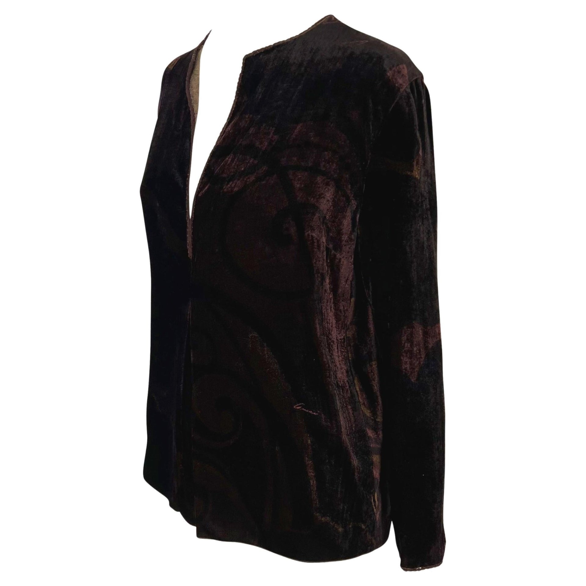 F/W 2001 Gucci by Tom Ford Brown Velvet Logo Print Plunging Tunic Top - RealList