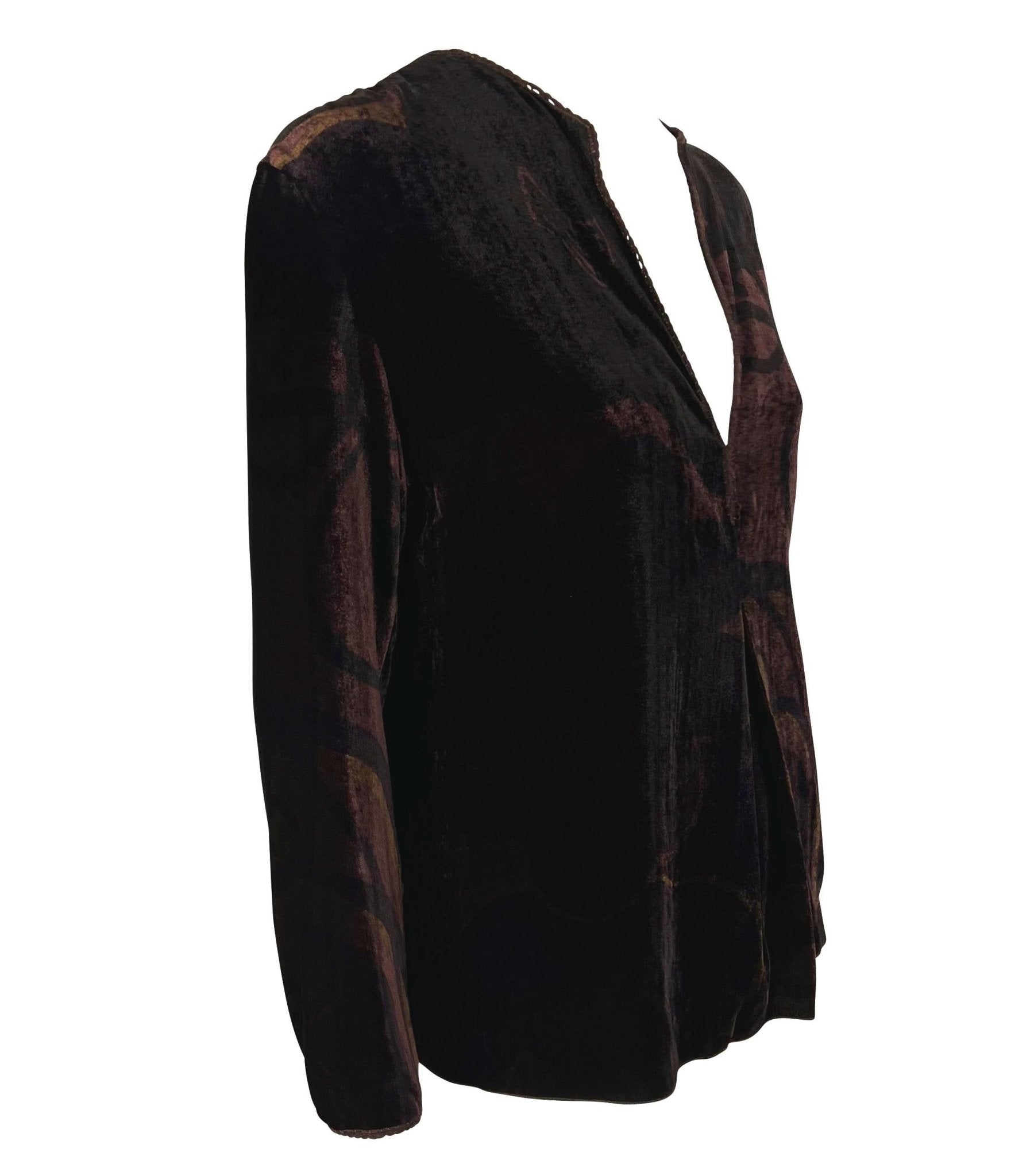 F/W 2001 Gucci by Tom Ford Brown Velvet Logo Print Plunging Tunic Top - RealList