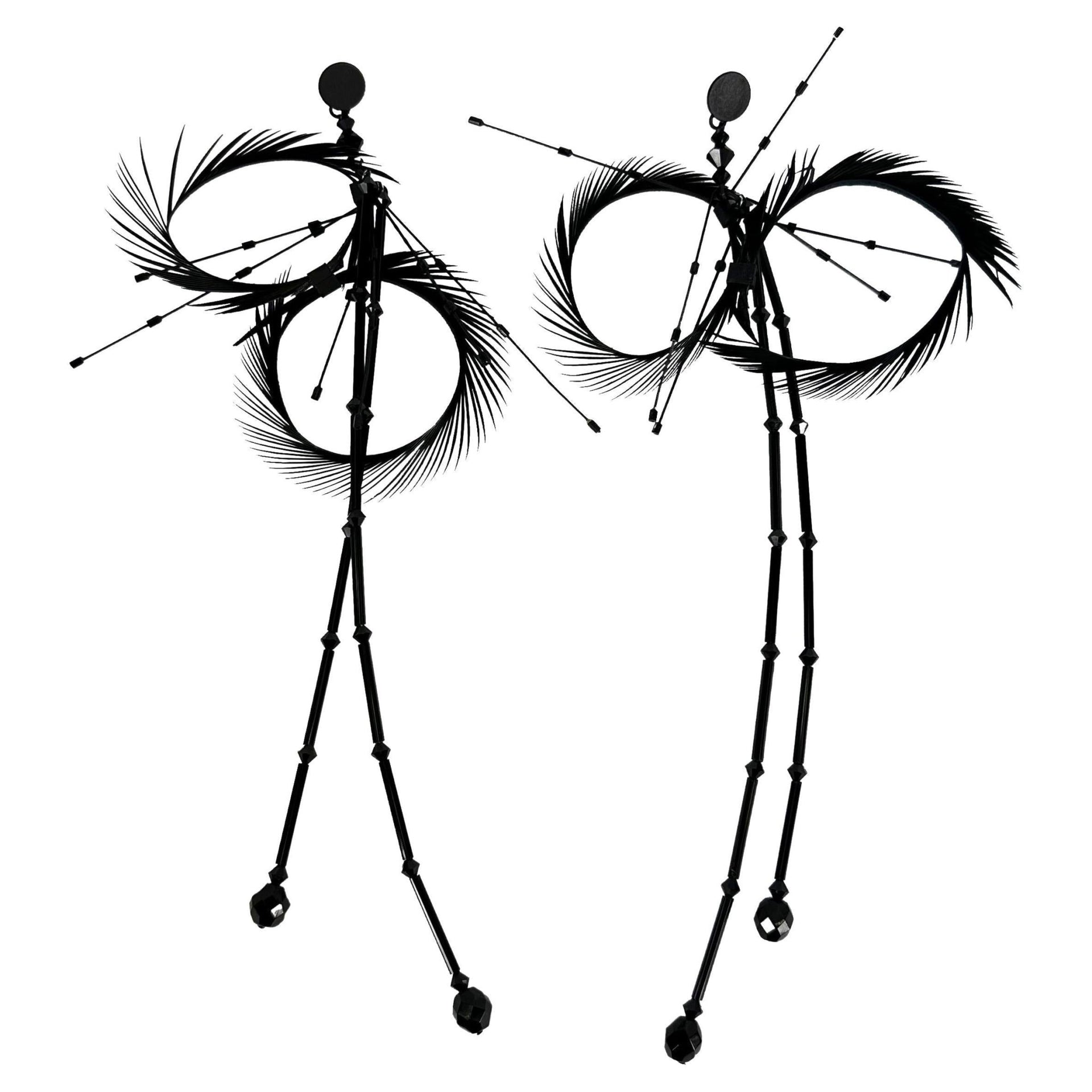 F/W 2001 Gucci by Tom Ford Runway Ad Black Beaded Feather Pendant Earrings - RealList