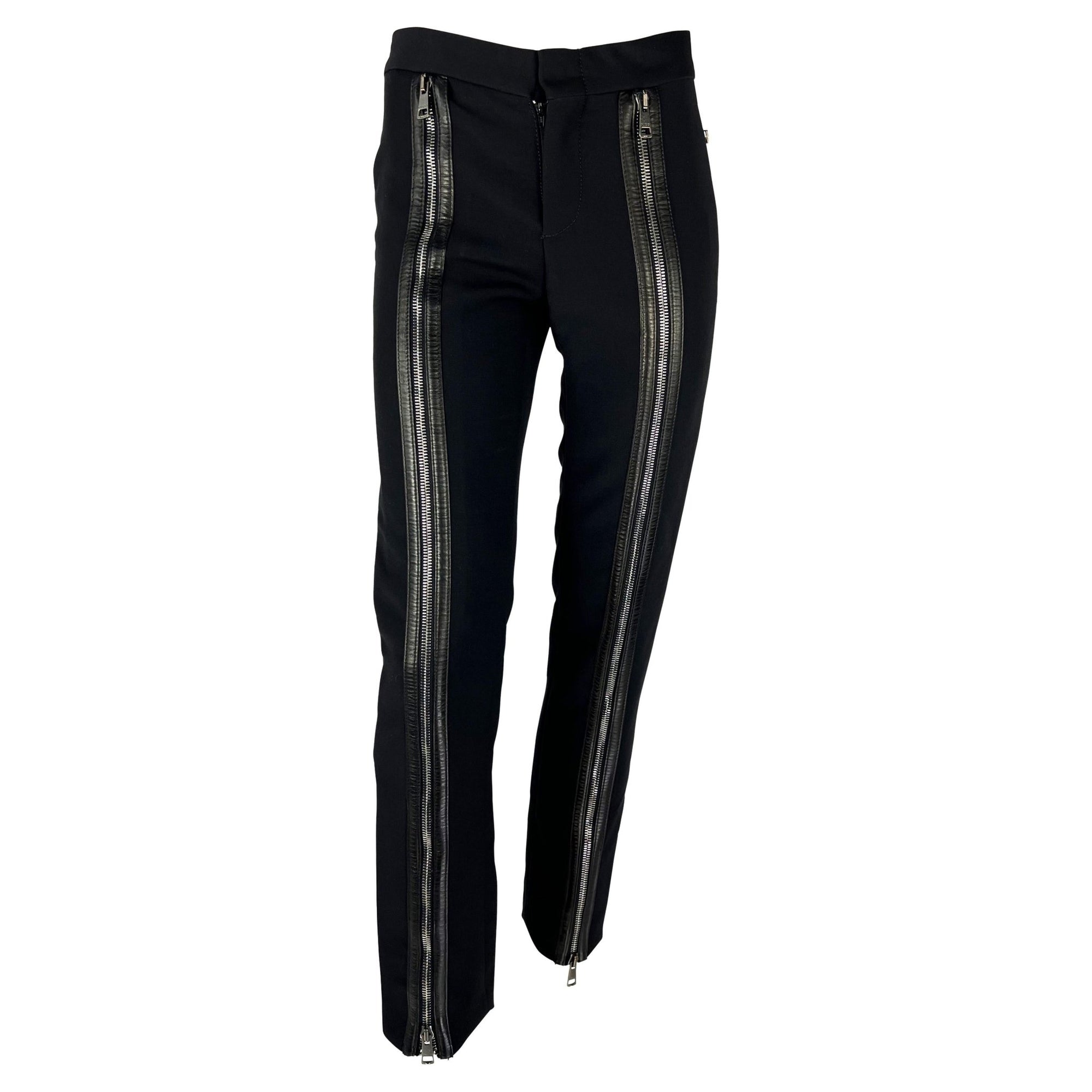 F/W 2001 Gucci by Tom Ford Runway Double Zip - Up Leather Pocket Black Wool Pants - RealList