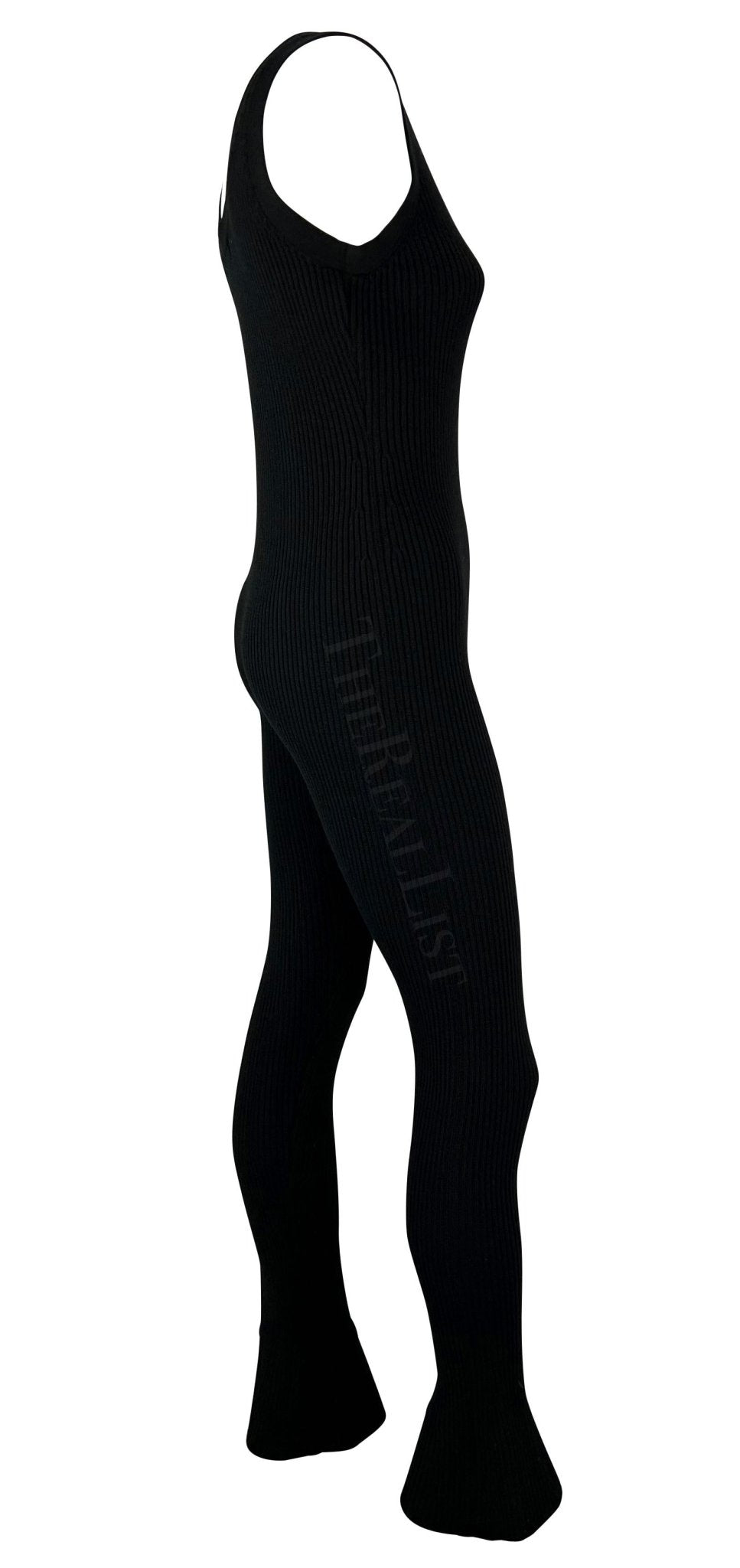 F/W 2001 Prada Runway Black Ribbed Knit Stretch Tank Bell Bottom Catsuit Stirrup - RealList