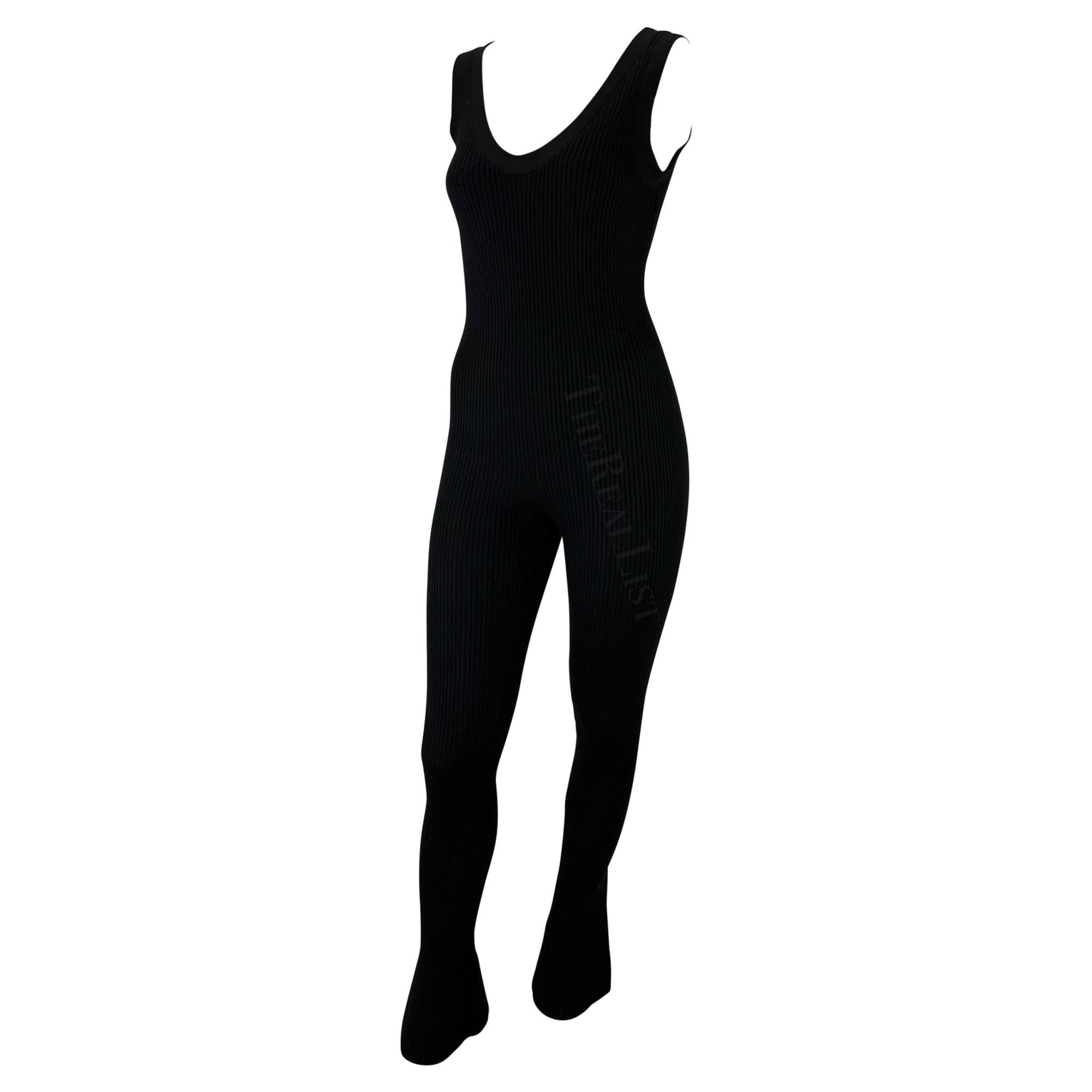 F/W 2001 Prada Runway Black Ribbed Knit Stretch Tank Bell Bottom Catsuit Stirrup - RealList