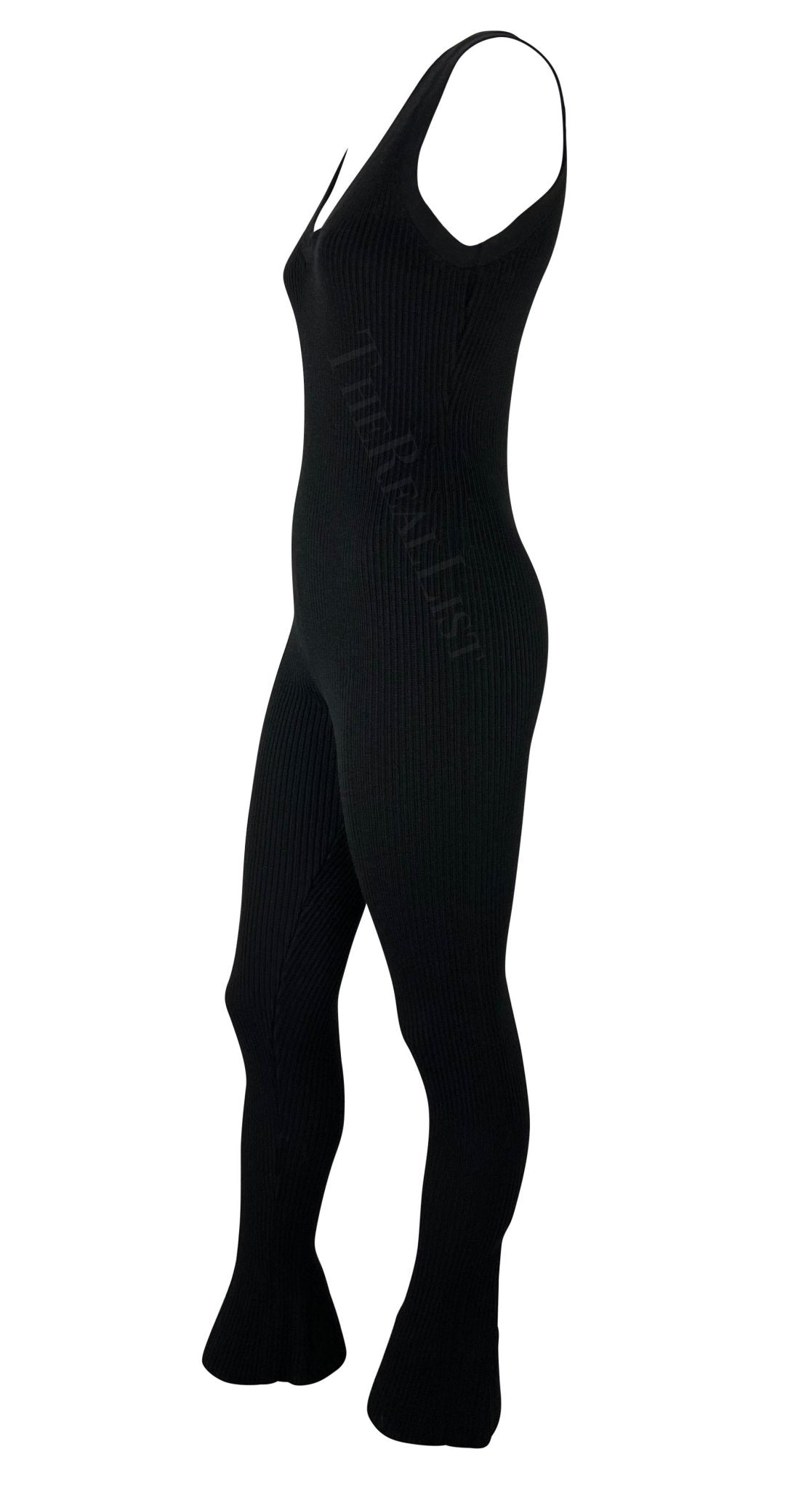 F/W 2001 Prada Runway Black Ribbed Knit Stretch Tank Bell Bottom Catsuit Stirrup - RealList
