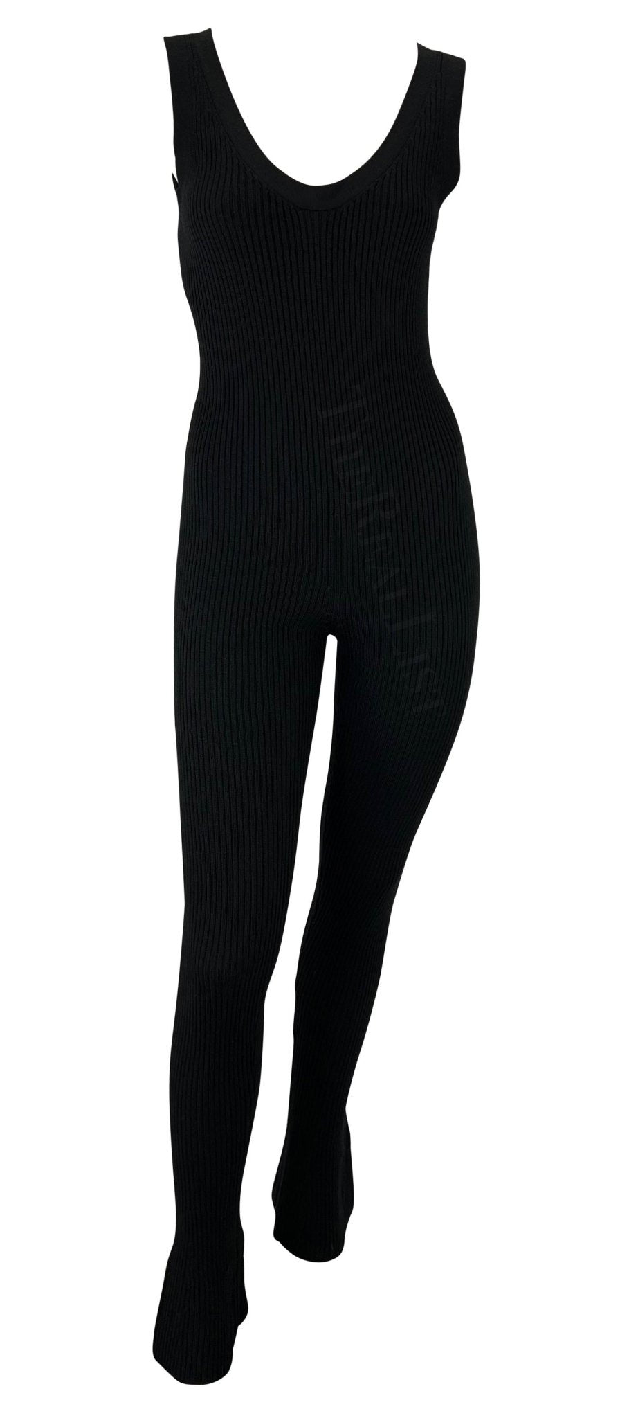 F/W 2001 Prada Runway Black Ribbed Knit Stretch Tank Bell Bottom Catsuit Stirrup - RealList