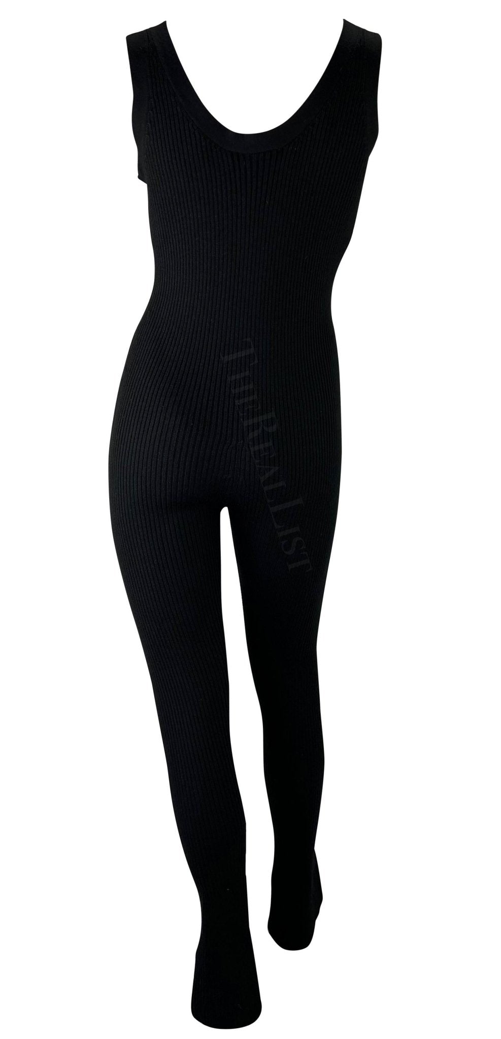 F/W 2001 Prada Runway Black Ribbed Knit Stretch Tank Bell Bottom Catsuit Stirrup - RealList