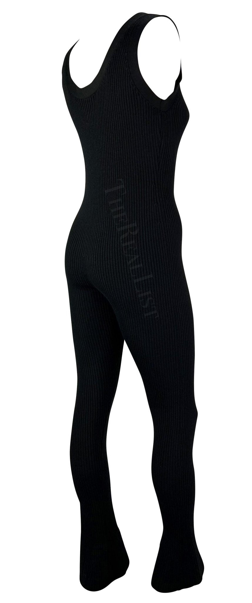 F/W 2001 Prada Runway Black Ribbed Knit Stretch Tank Bell Bottom Catsuit Stirrup - RealList