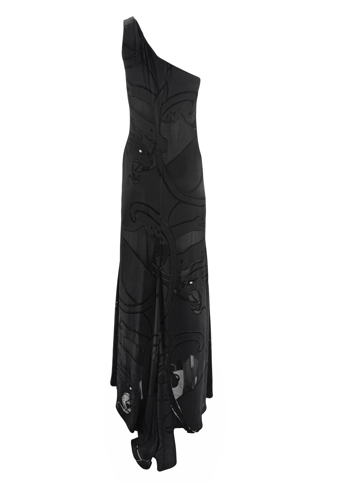 F/W 2001 Valentino Garavani Runway Satin Black Panther Sheer Rhinestone Gown - RealList