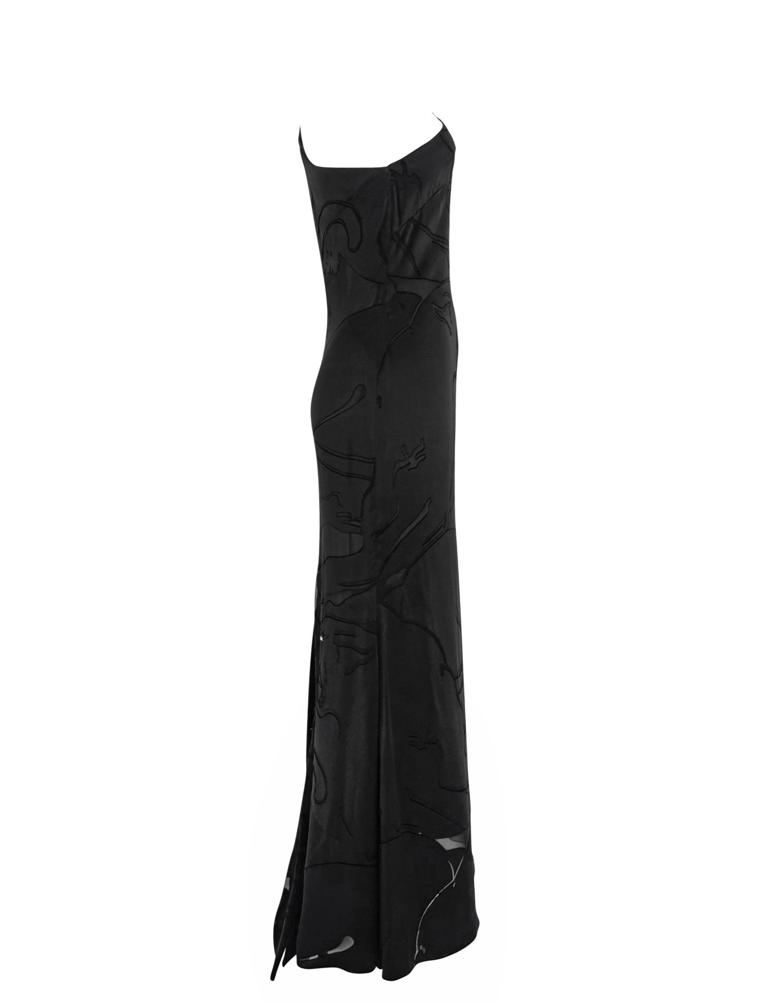 F/W 2001 Valentino Garavani Runway Satin Black Panther Sheer Rhinestone Gown - RealList