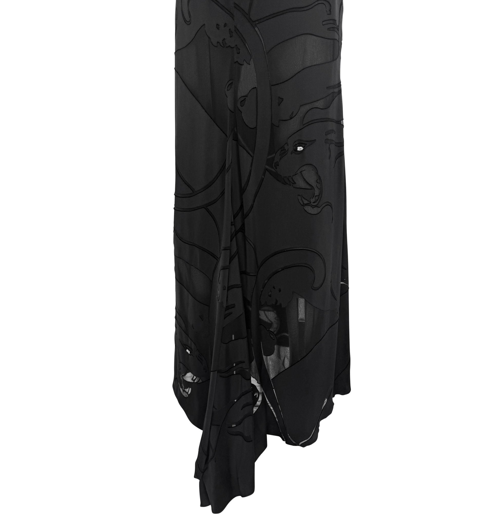 F/W 2001 Valentino Garavani Runway Satin Black Panther Sheer Rhinestone Gown - RealList