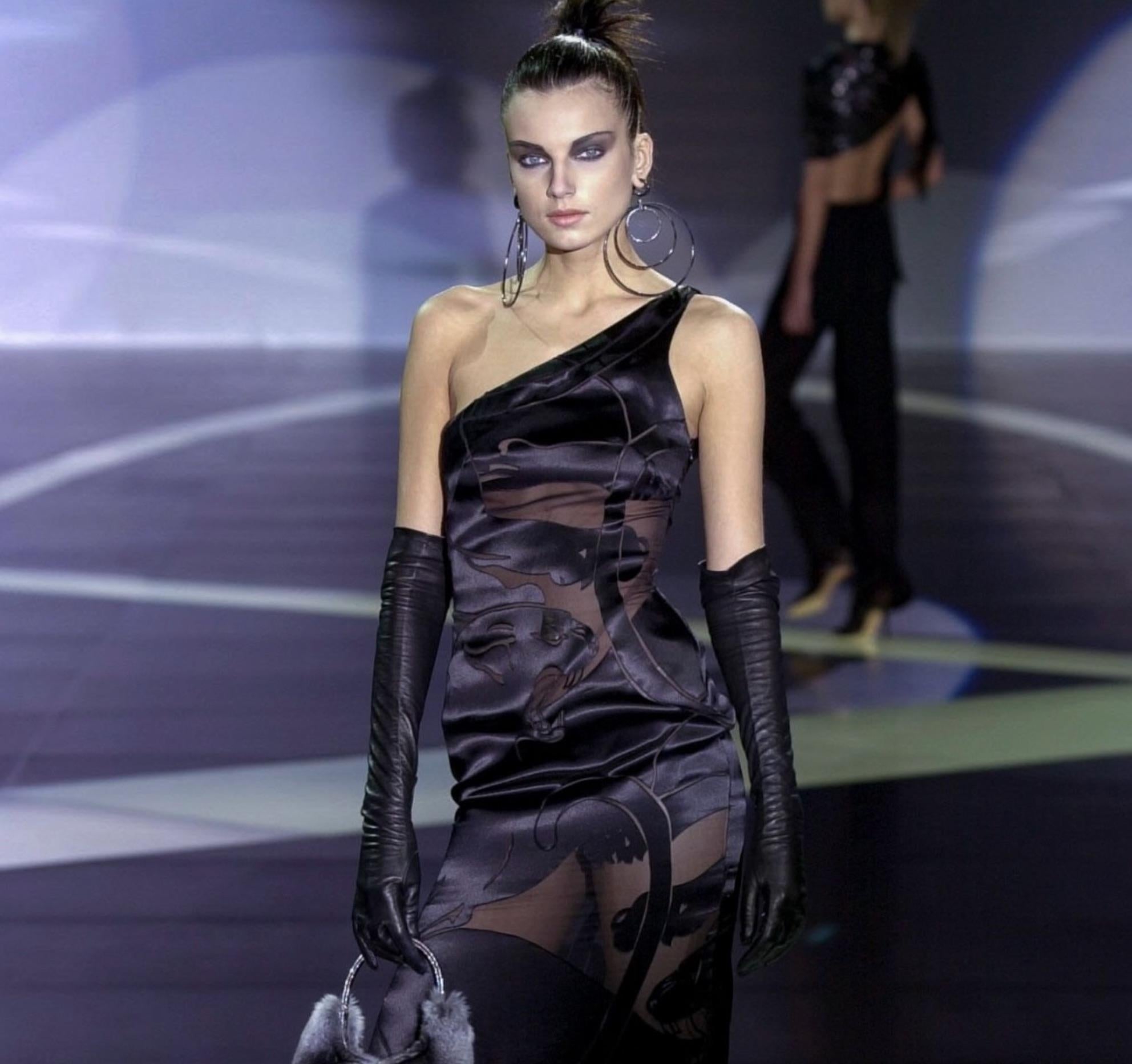 F/W 2001 Valentino Garavani Runway Satin Black Panther Sheer Rhinestone Gown - RealList