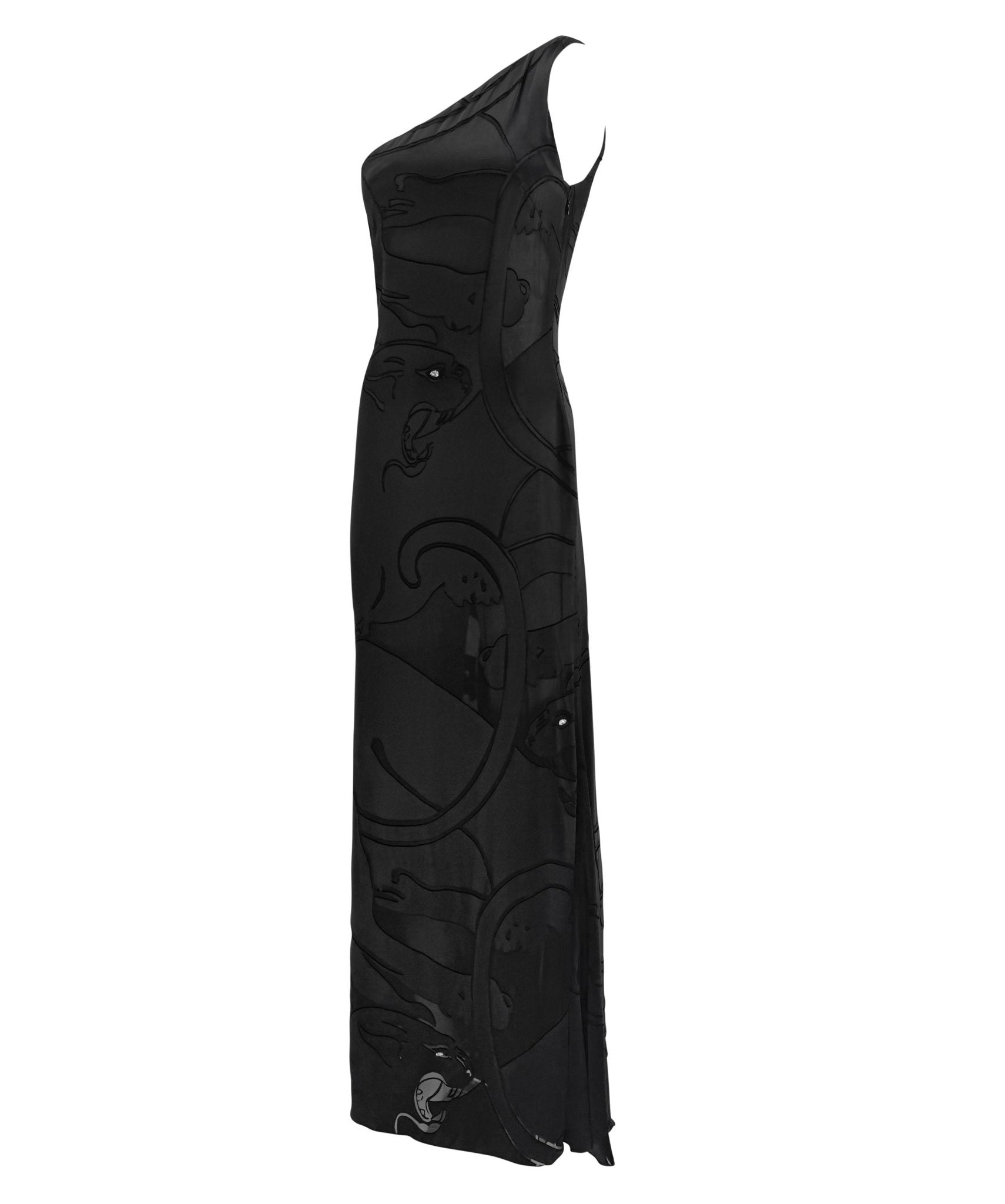 F/W 2001 Valentino Garavani Runway Satin Black Panther Sheer Rhinestone Gown - RealList