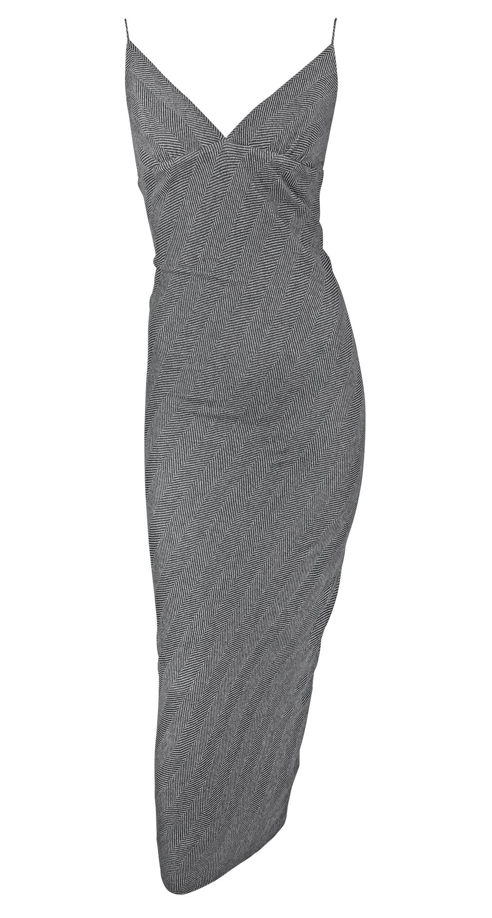 F/W 2001 Yigal Azrouël Runway Backless Bodycon Grey Herringbone Slit Dress - RealList