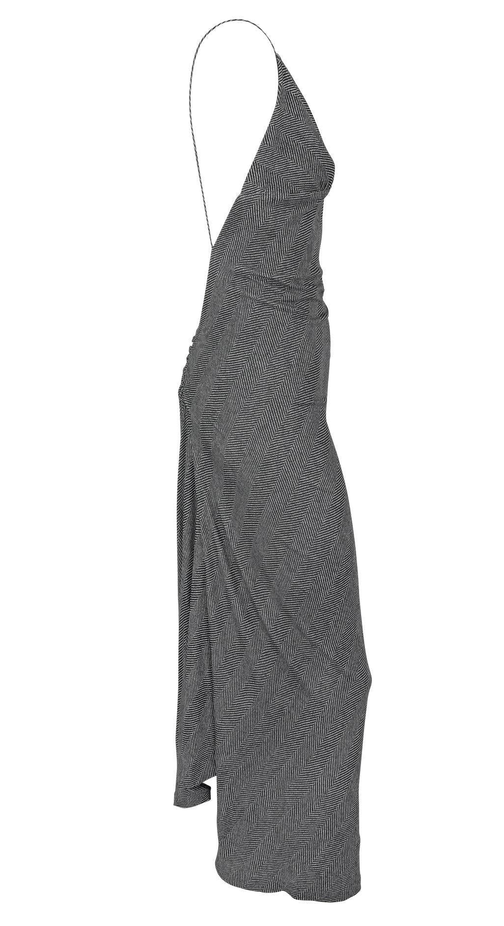F/W 2001 Yigal Azrouël Runway Backless Bodycon Grey Herringbone Slit Dress - RealList