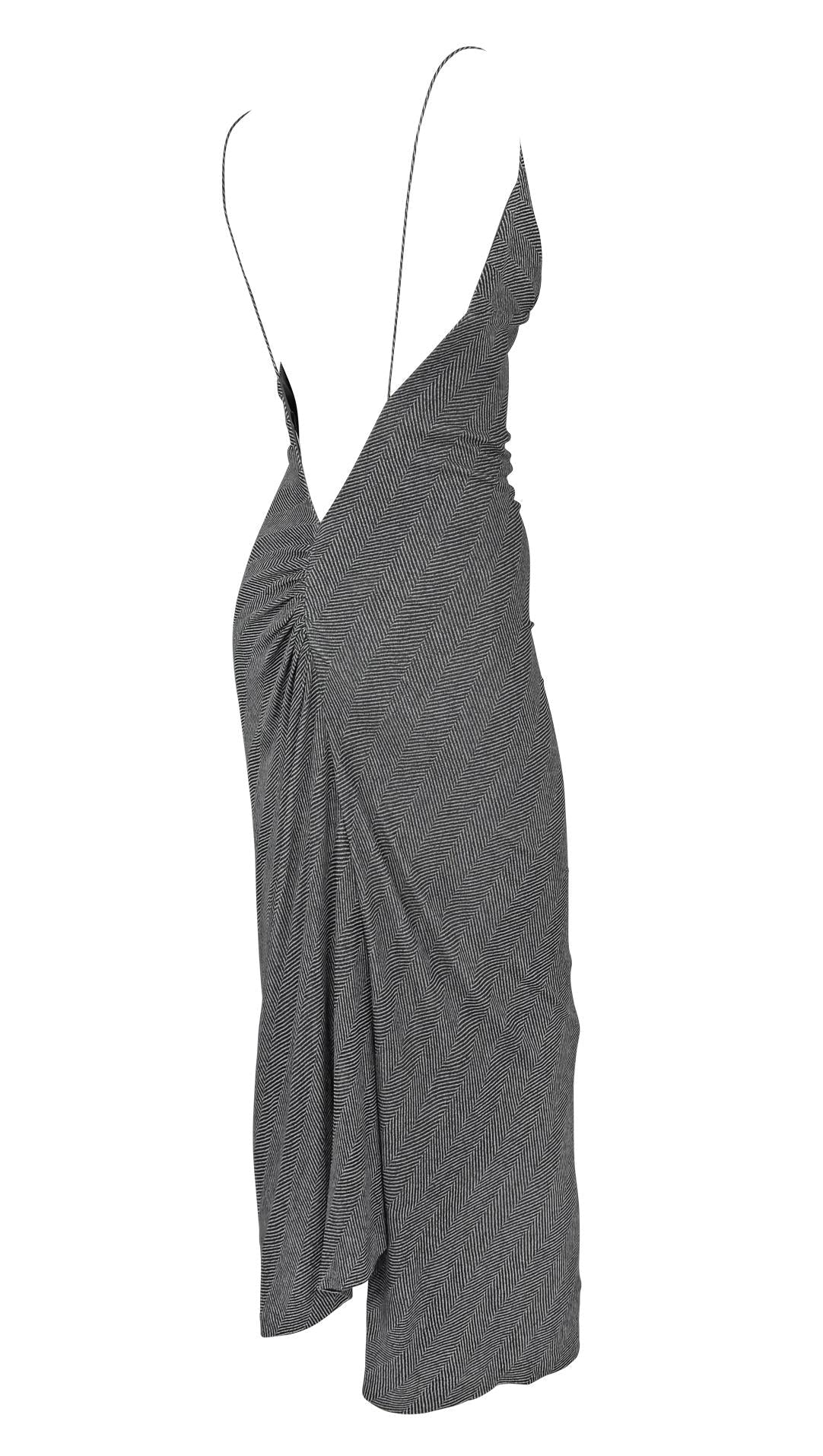 F/W 2001 Yigal Azrouël Runway Backless Bodycon Grey Herringbone Slit Dress - RealList