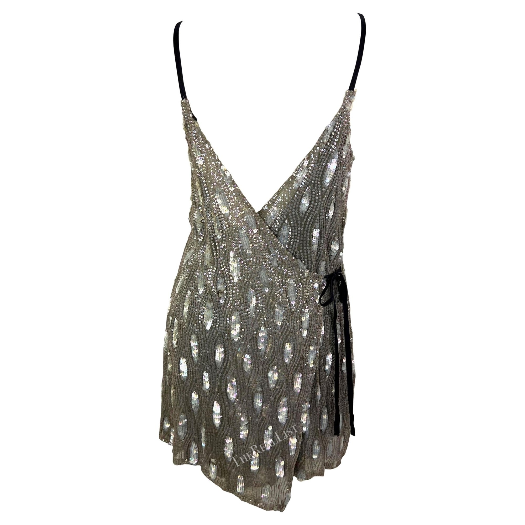 F/W 2002 Ann Demeulemeester Grey Sequin Abstract Wrap Mini Dress - RealList