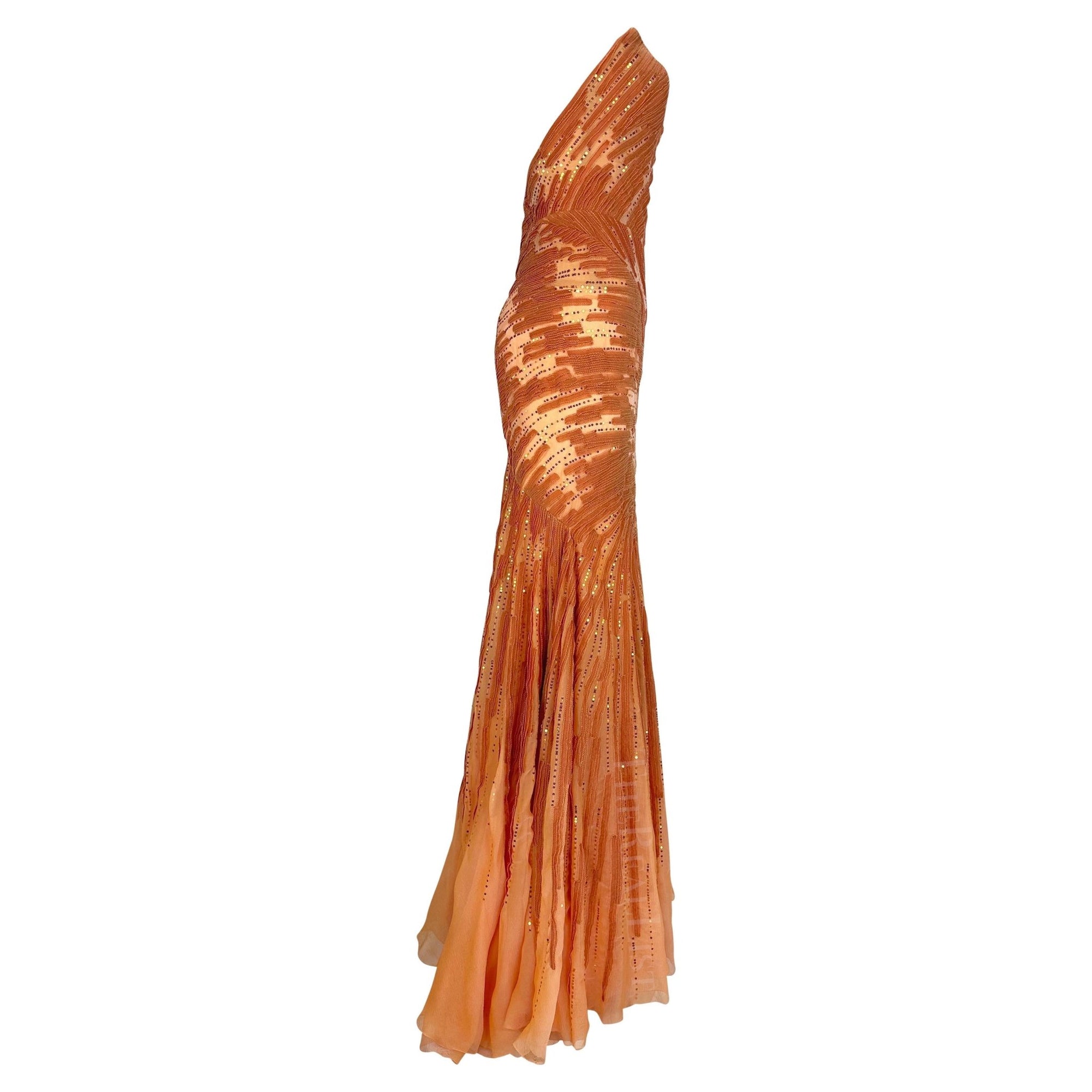 F/W 2002 Atelier Versace by Donatella Maya Rudolph Sheer Orange Sequin Gown - RealList