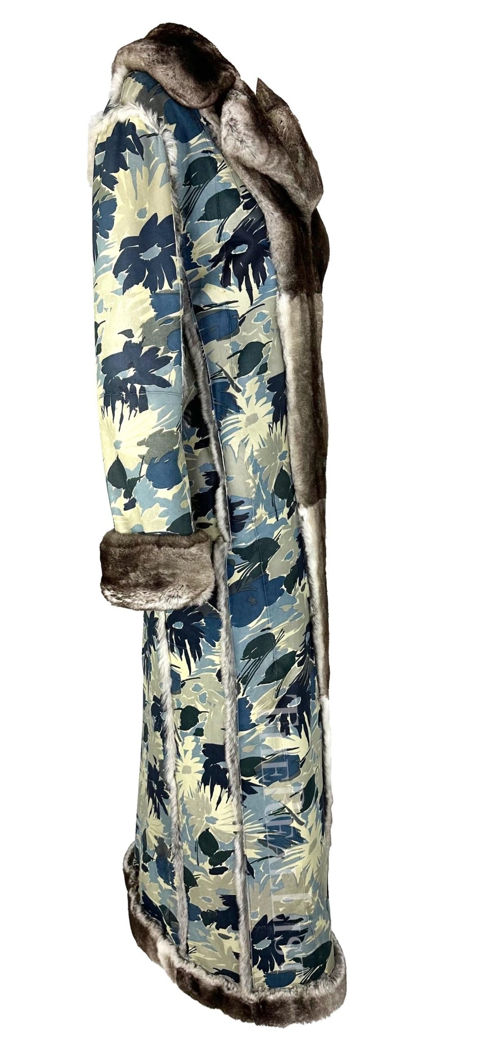 F/W 2002 Christian Dior by John Galliano Blue Floral Orylag Fur Trench Coat - RealList