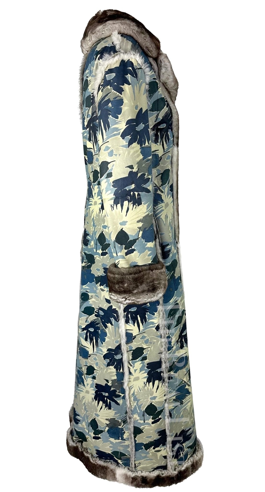 F/W 2002 Christian Dior by John Galliano Blue Floral Orylag Fur Trench Coat - RealList