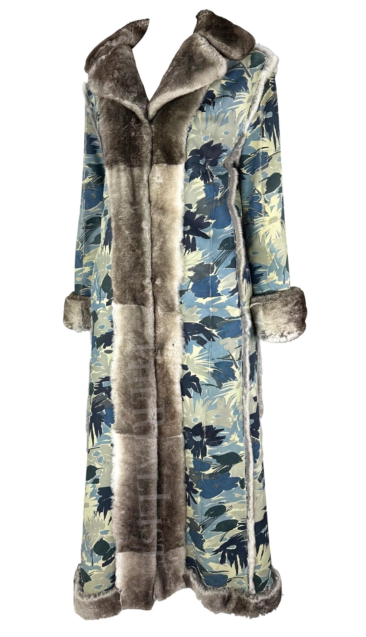 F/W 2002 Christian Dior by John Galliano Blue Floral Orylag Fur Trench Coat - RealList