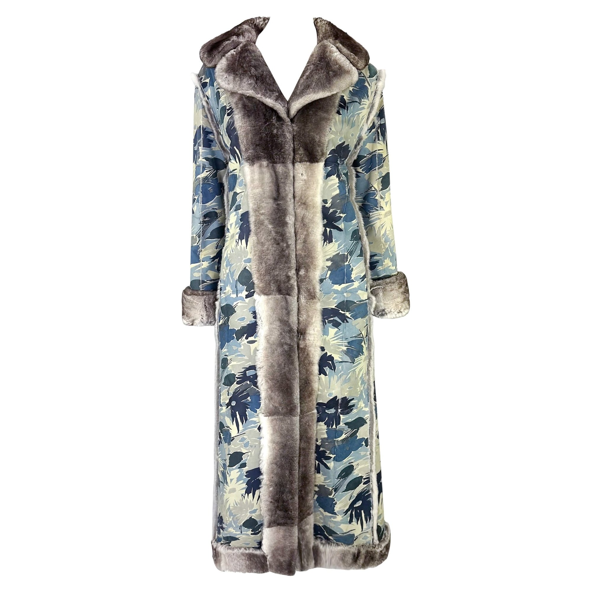 F/W 2002 Christian Dior by John Galliano Blue Floral Orylag Fur Trench Coat - RealList