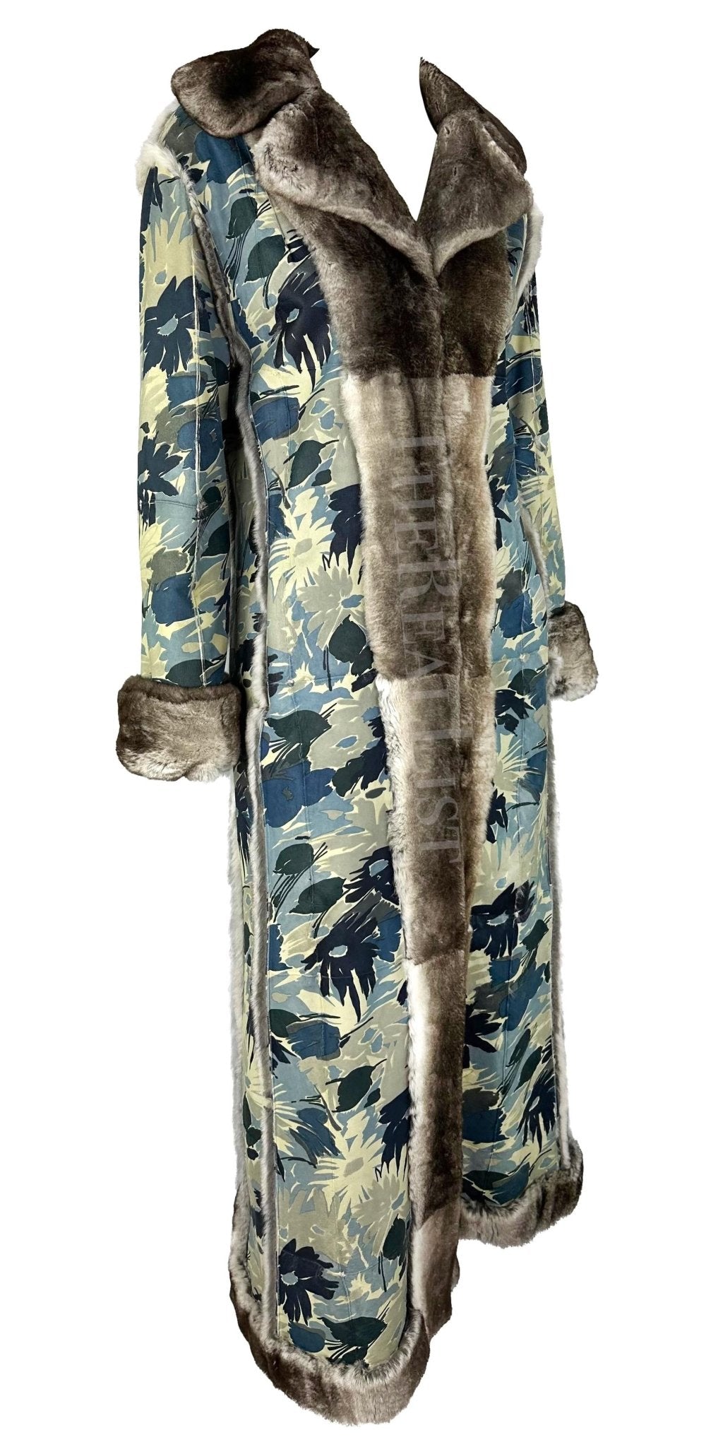 F/W 2002 Christian Dior by John Galliano Blue Floral Orylag Fur Trench Coat - RealList