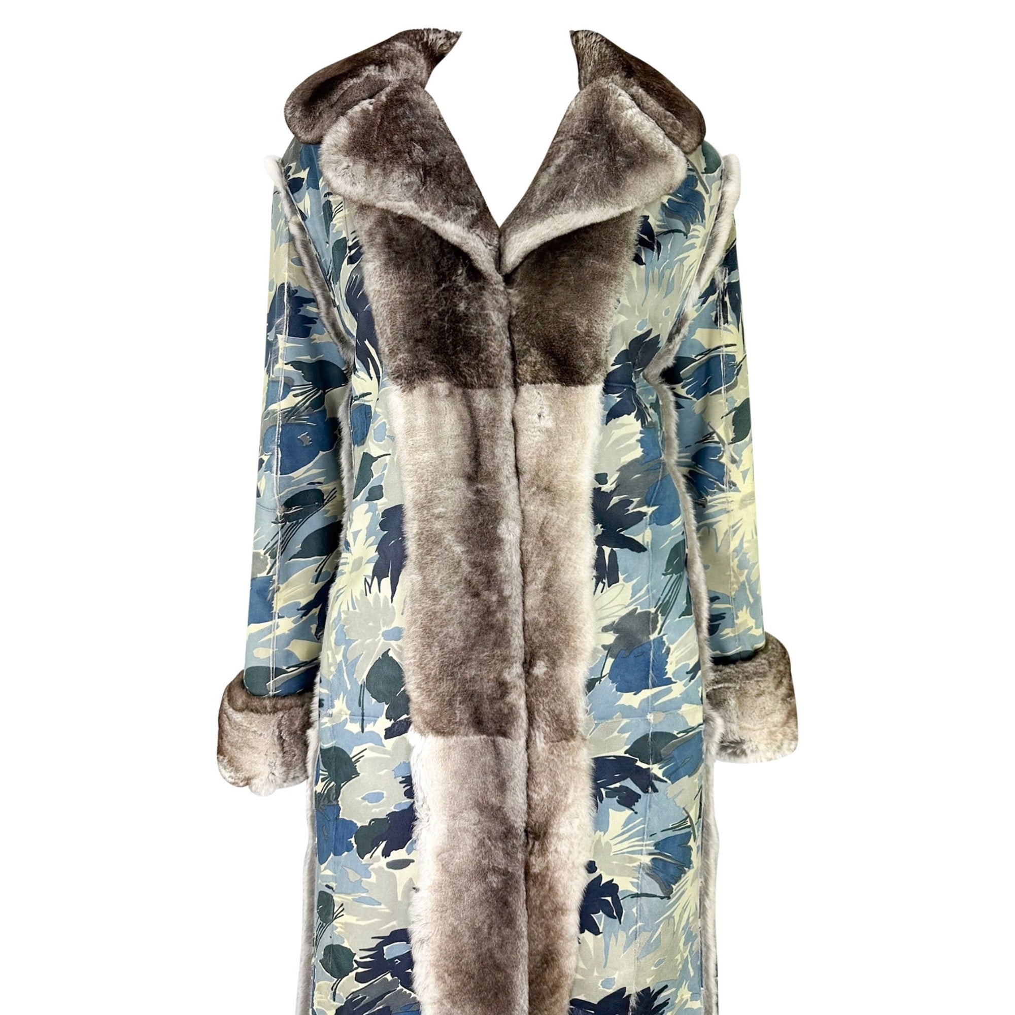 F/W 2002 Christian Dior by John Galliano Blue Floral Orylag Fur Trench Coat - RealList