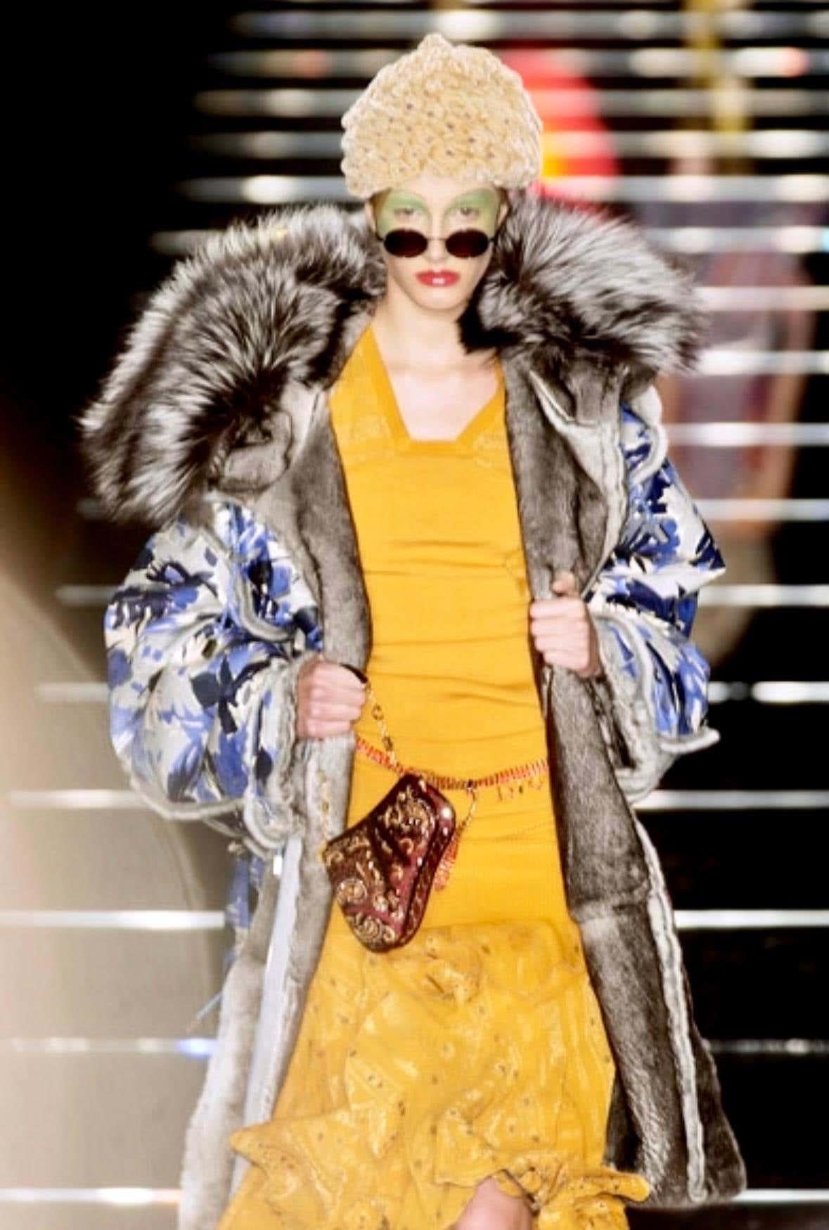 F/W 2002 Christian Dior by John Galliano Blue Floral Orylag Fur Trench Coat - RealList