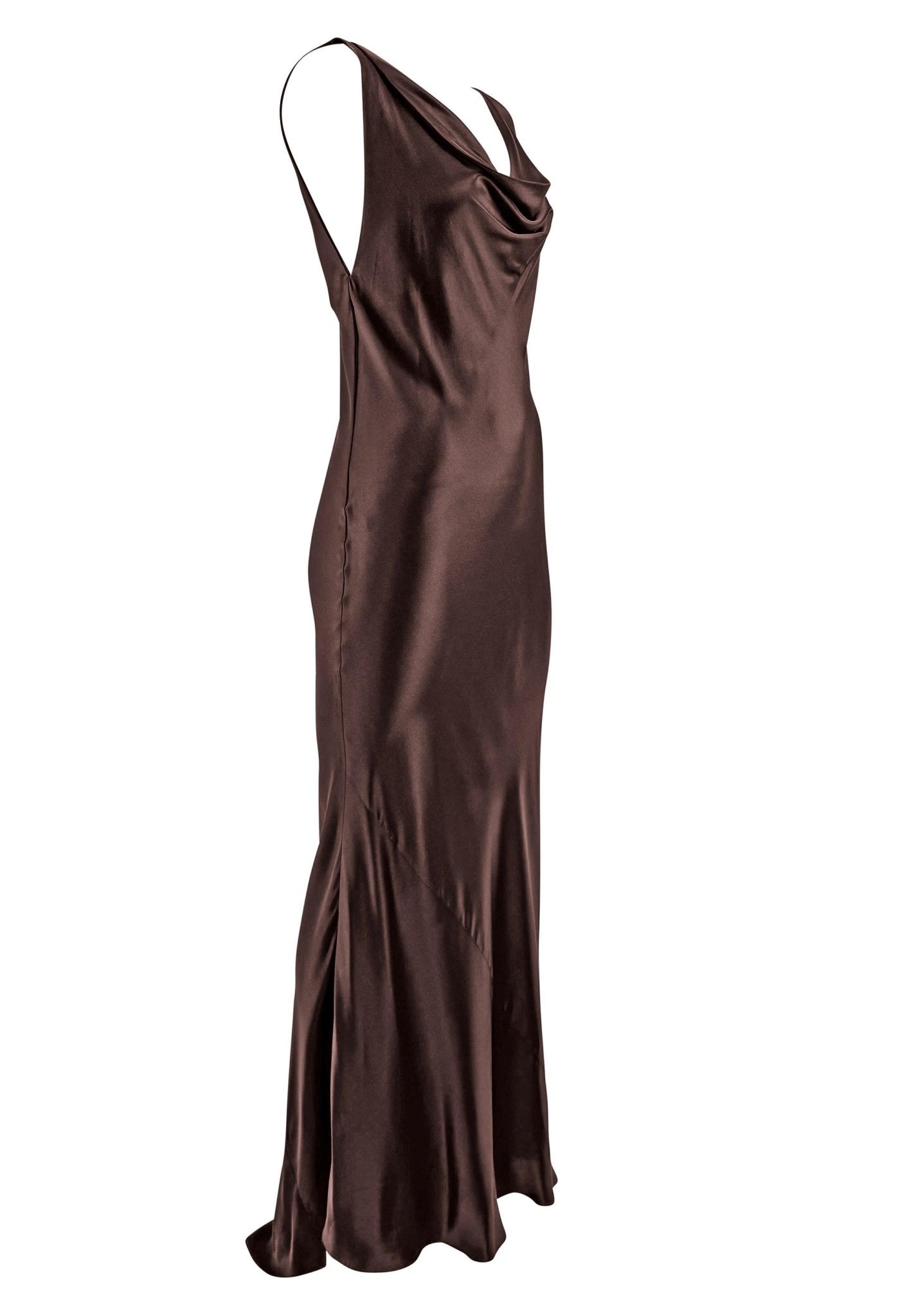 F/W 2002 Dolce & Gabbana Brown Bias Cut Silk Satin Cowl Neck Gown - RealList