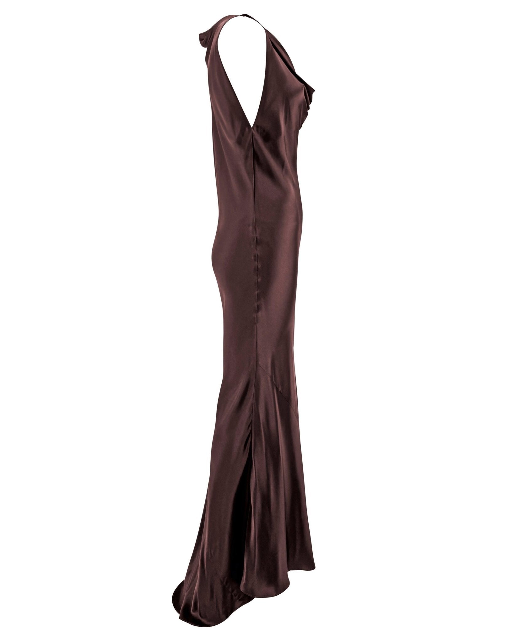 F/W 2002 Dolce & Gabbana Brown Bias Cut Silk Satin Cowl Neck Gown - RealList