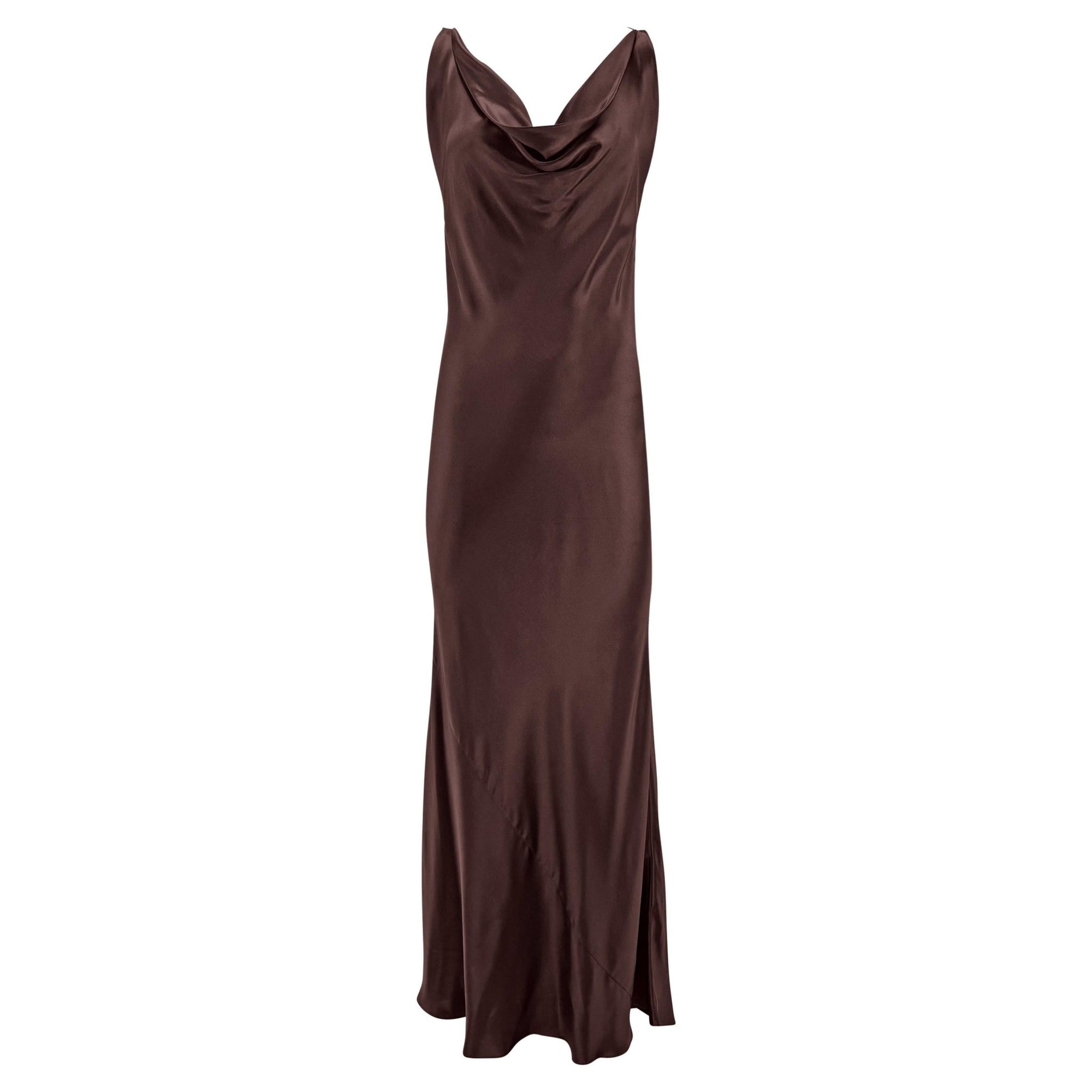 F/W 2002 Dolce & Gabbana Brown Bias Cut Silk Satin Cowl Neck Gown - RealList