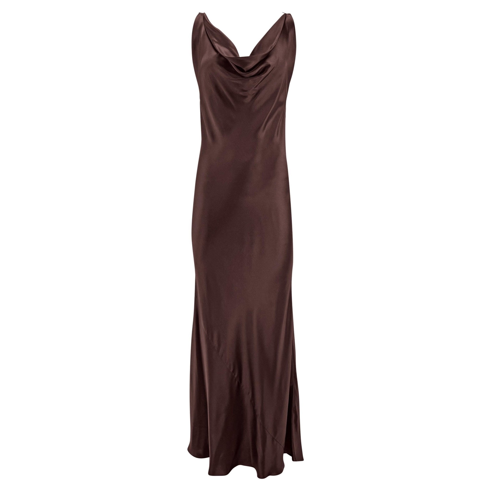 F/W 2002 Dolce & Gabbana Brown Bias Cut Silk Satin Cowl Neck Gown - RealList